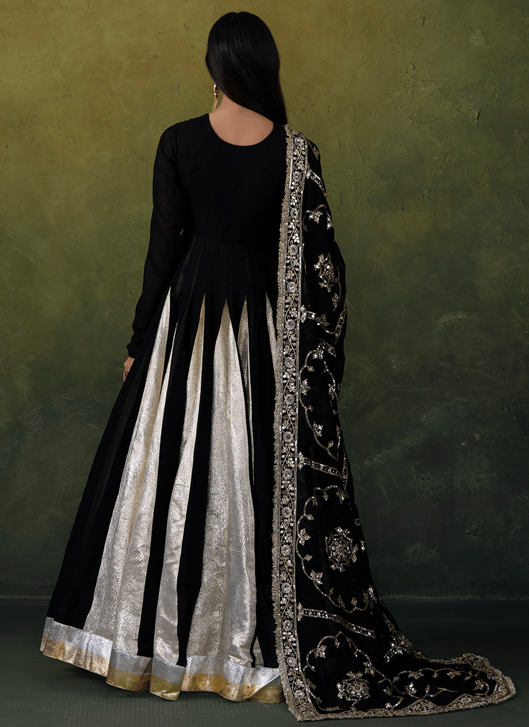 Black and Gold Embroidered Satin Anarkali - Lashkaraa