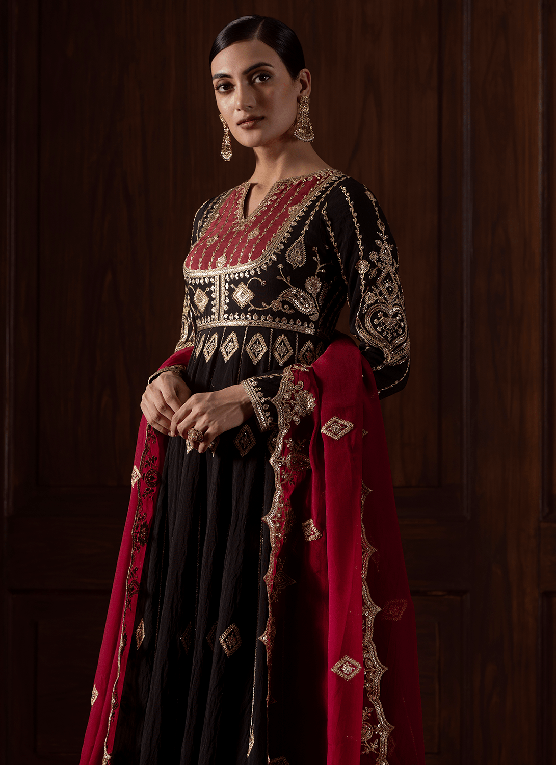 Black and Red Embroidered Chanderi Anarkali - Lashkaraa