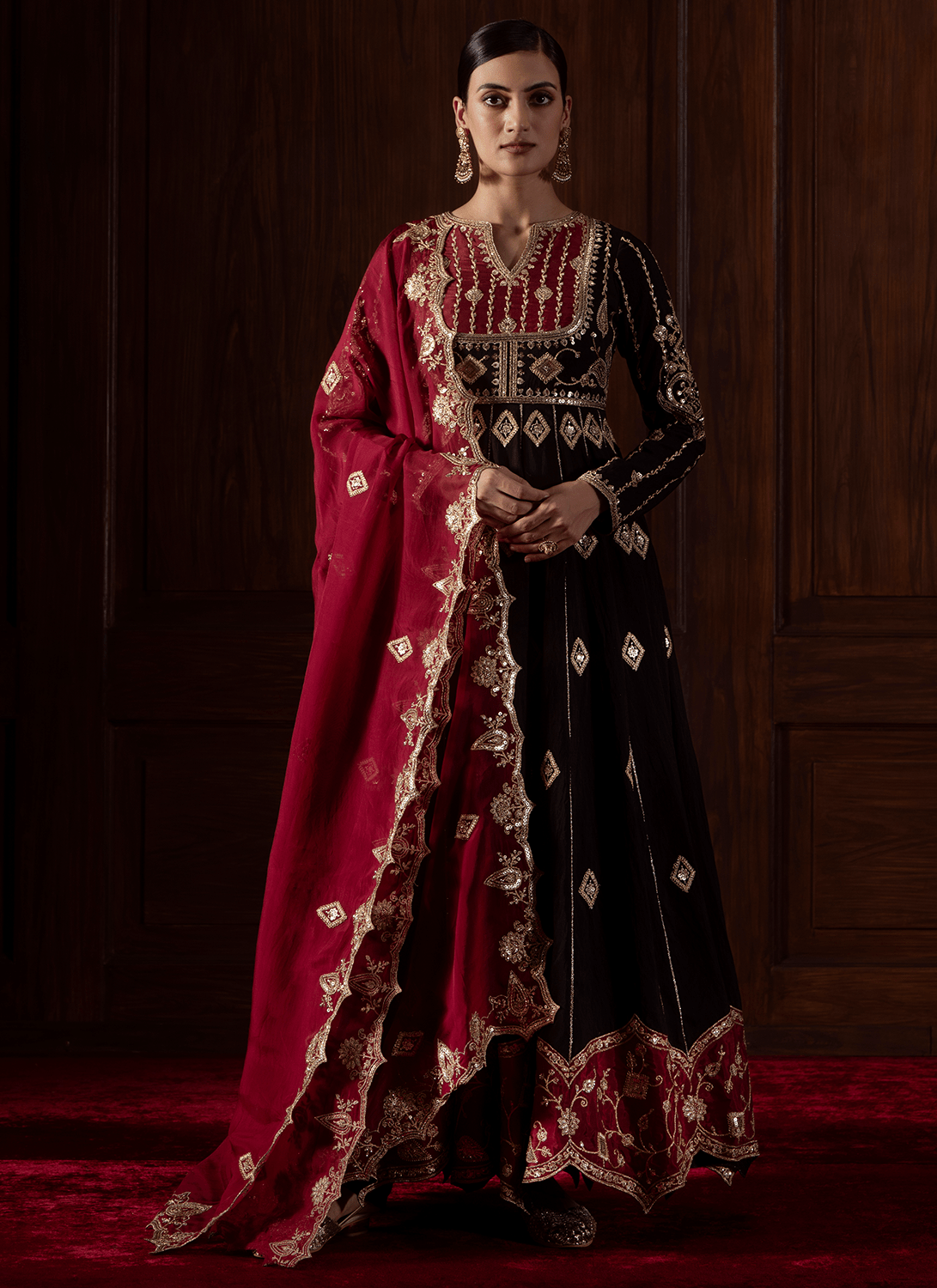 Black and Red Embroidered Chanderi Anarkali - Lashkaraa