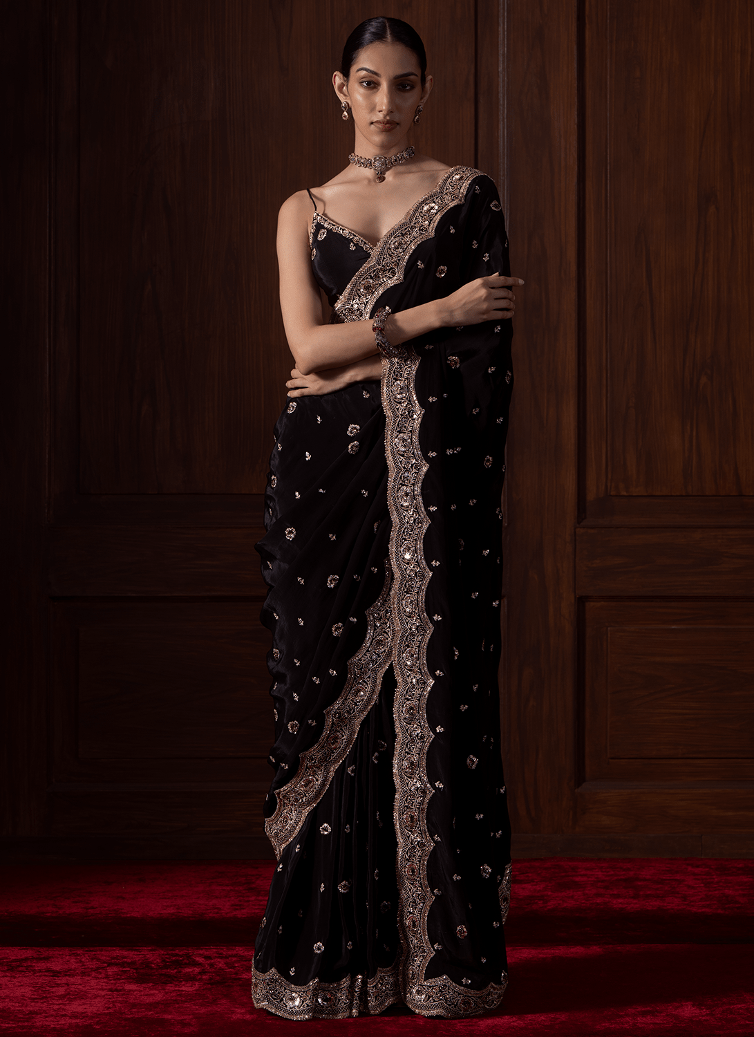 Black Embroidered Crepe Saree - Lashkaraa