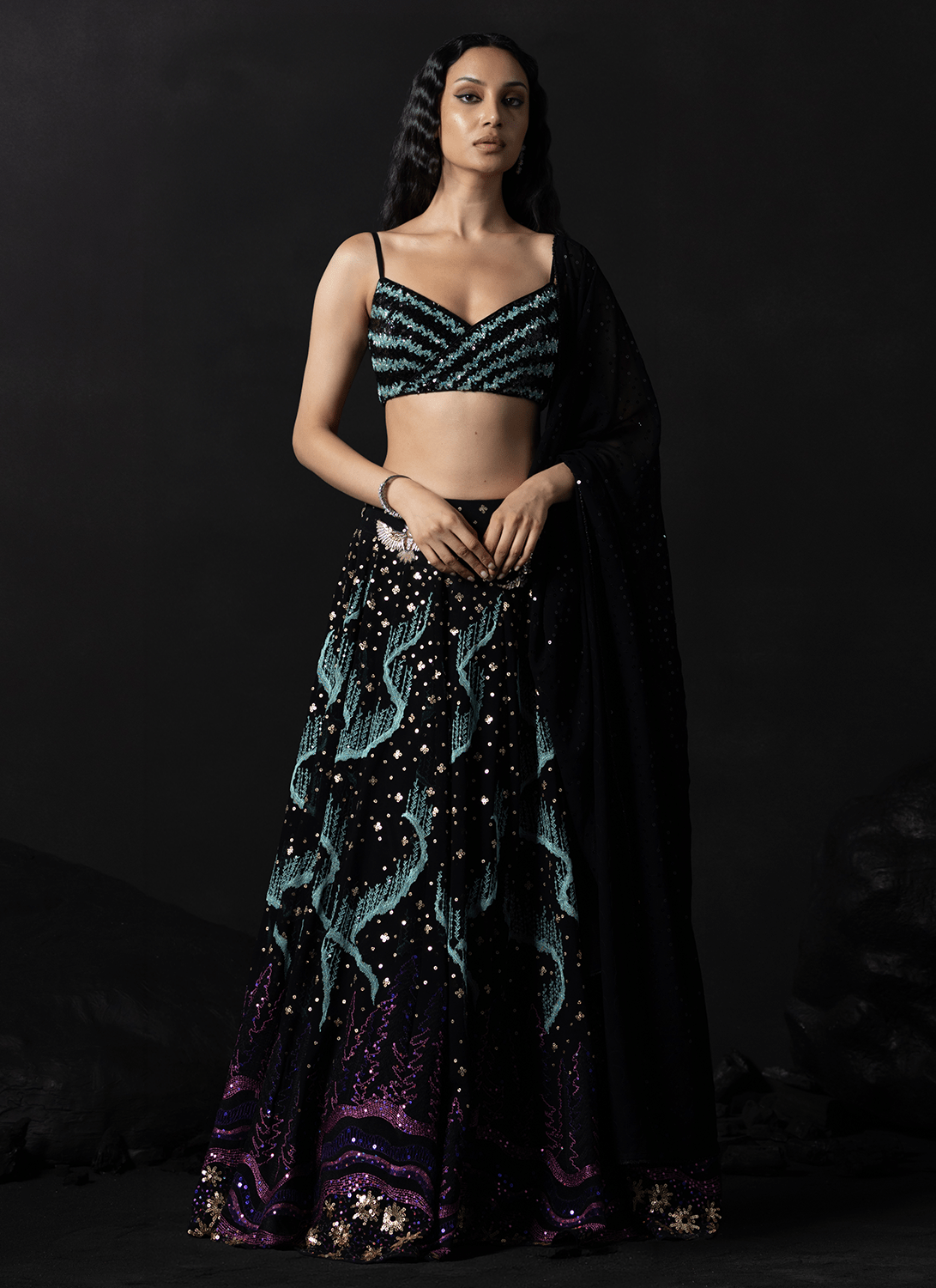 Black Embroidered Georgette Lehenga - Lashkaraa