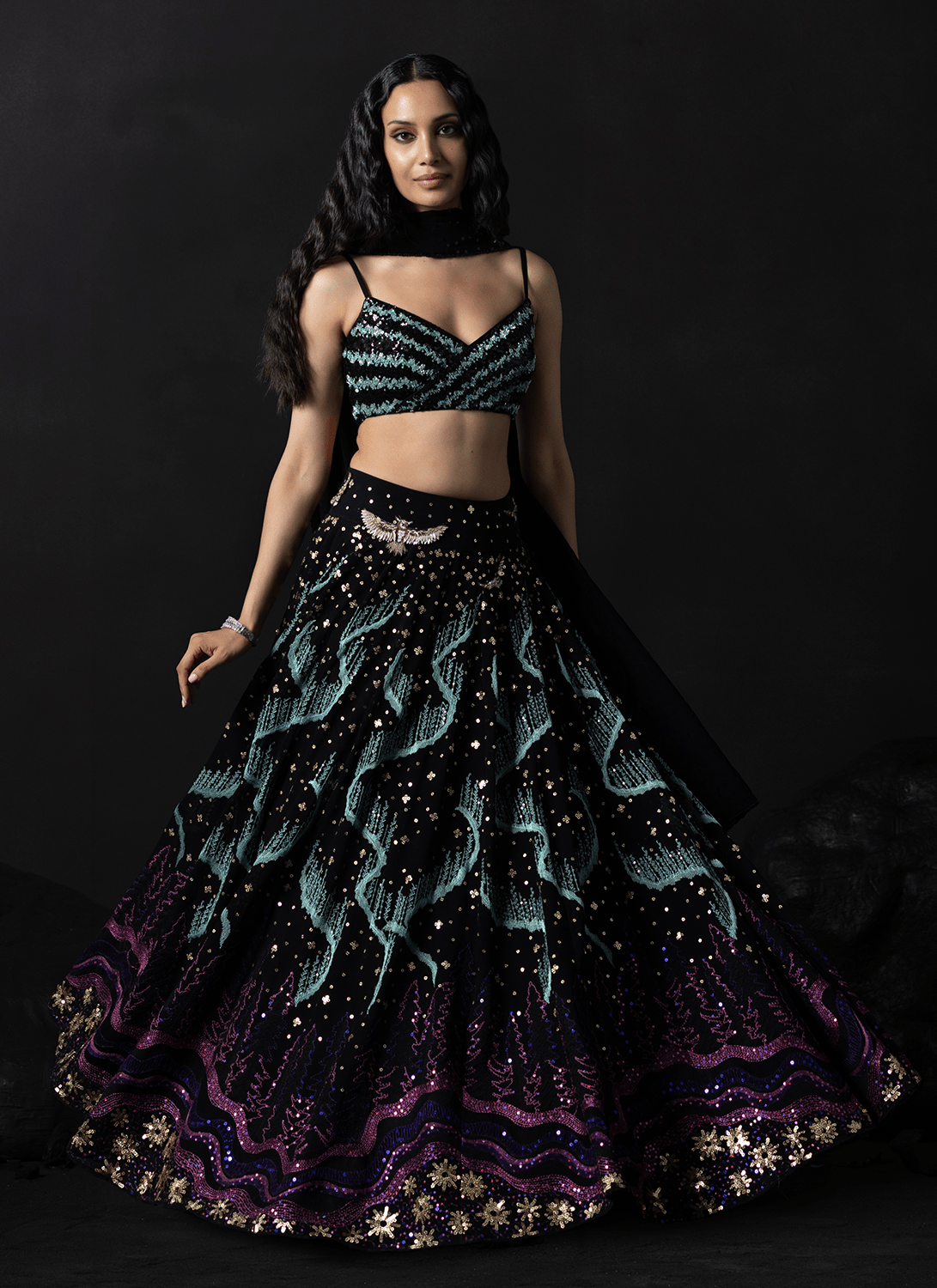 Black Embroidered Georgette Lehenga - Lashkaraa