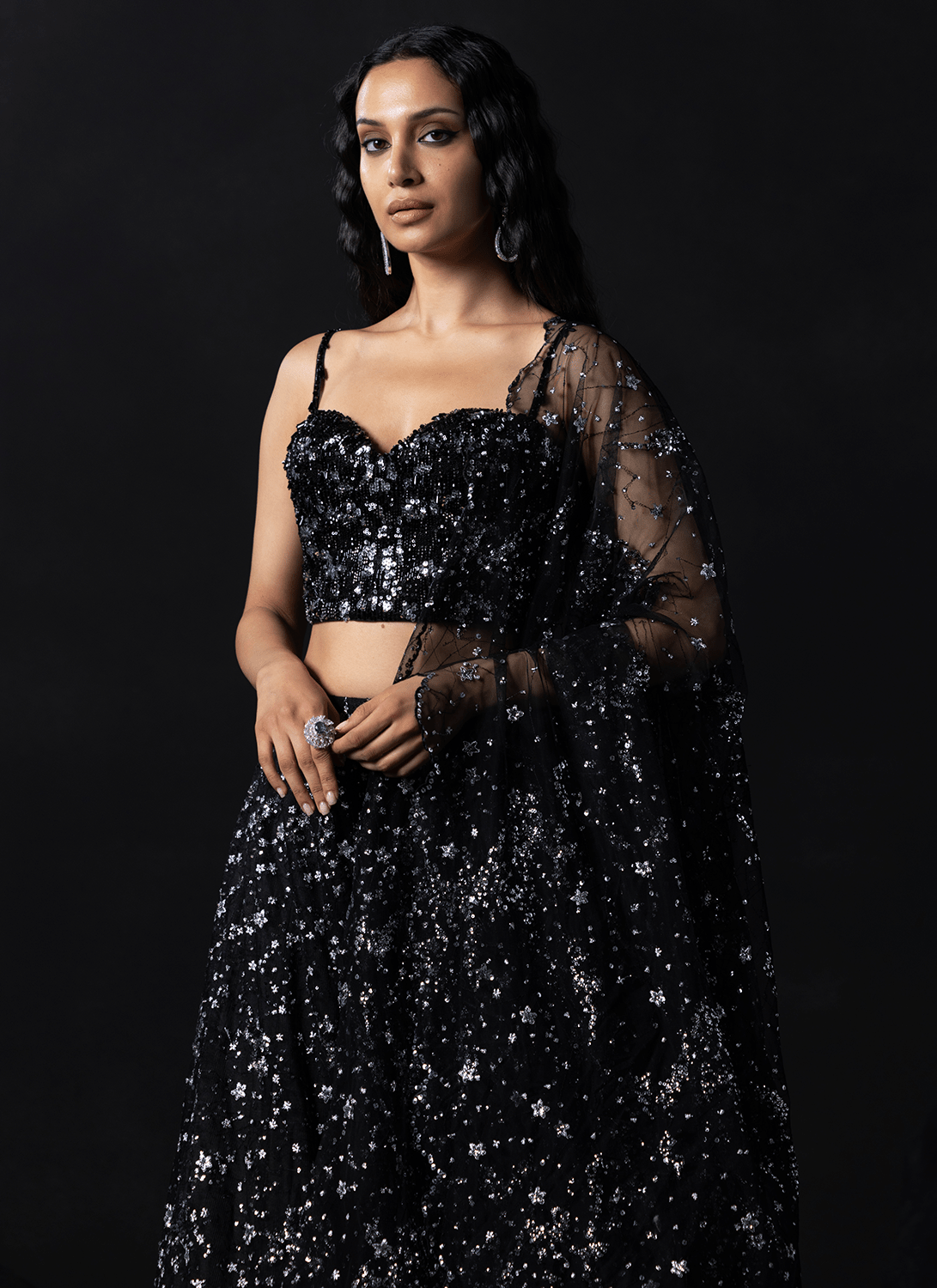 Black Embroidered Net Lehenga - Lashkaraa