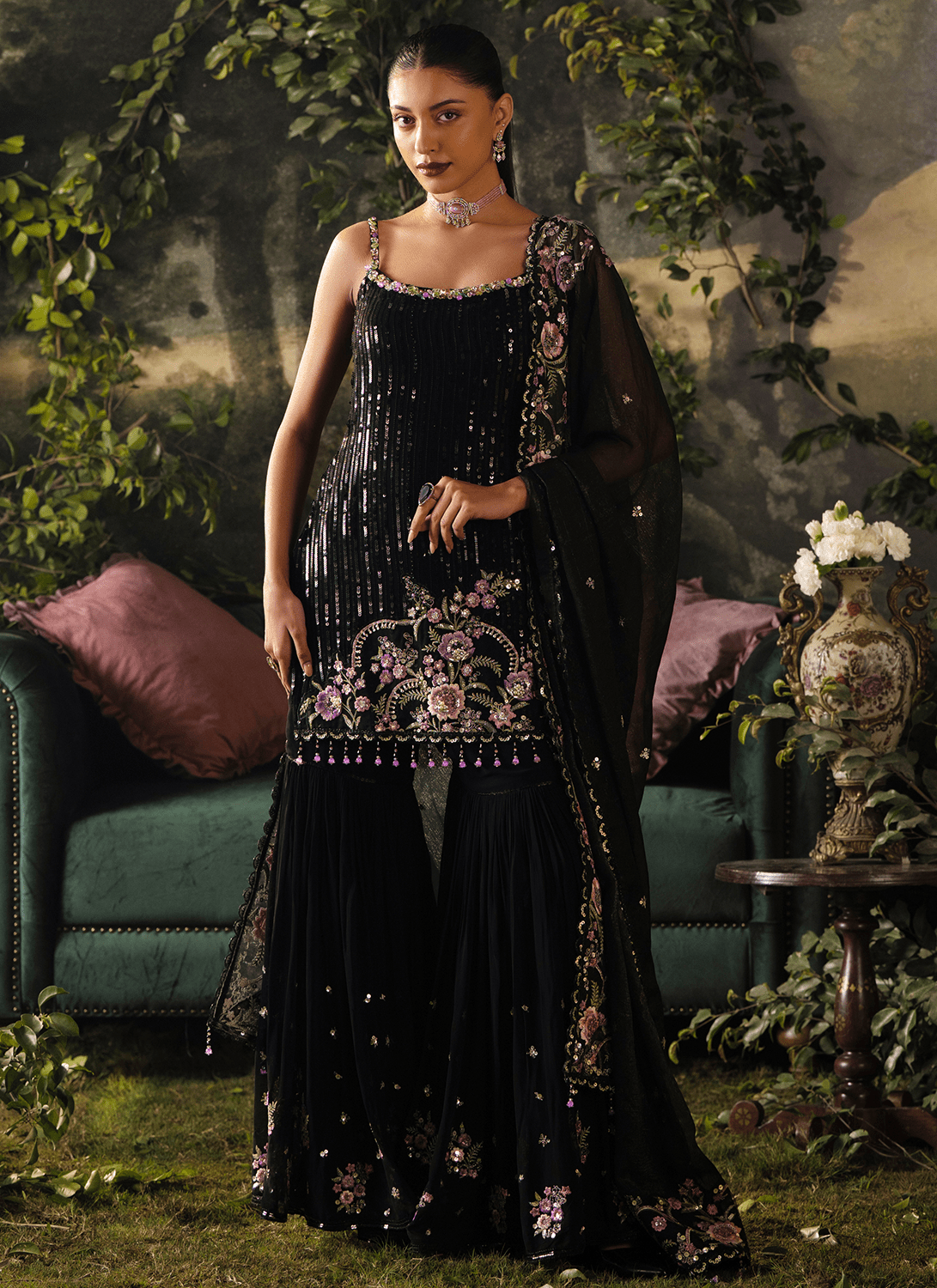 Black Embroidered Viscose Georgette Sharara - Lashkaraa