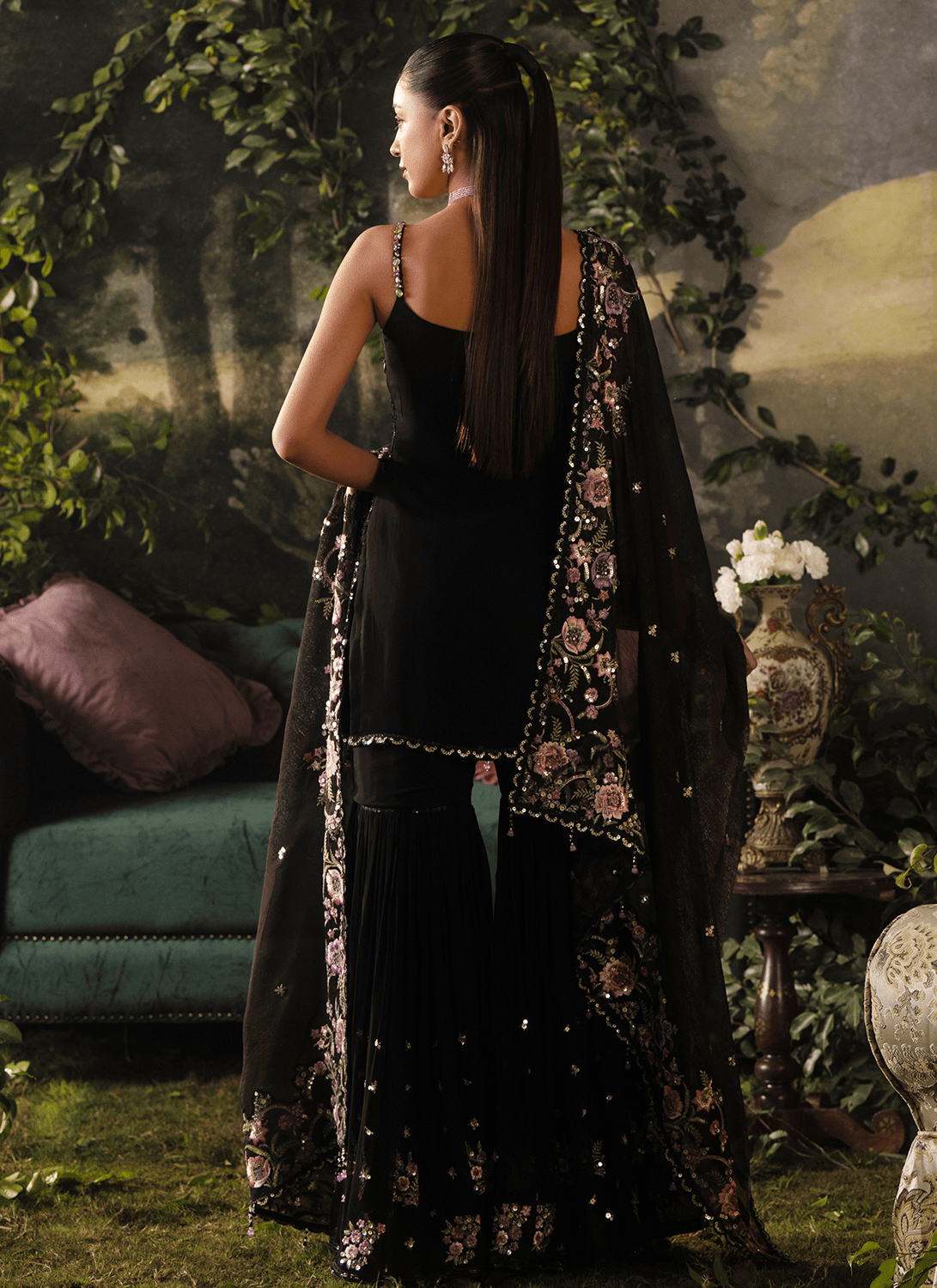 Black Embroidered Viscose Georgette Sharara - Lashkaraa