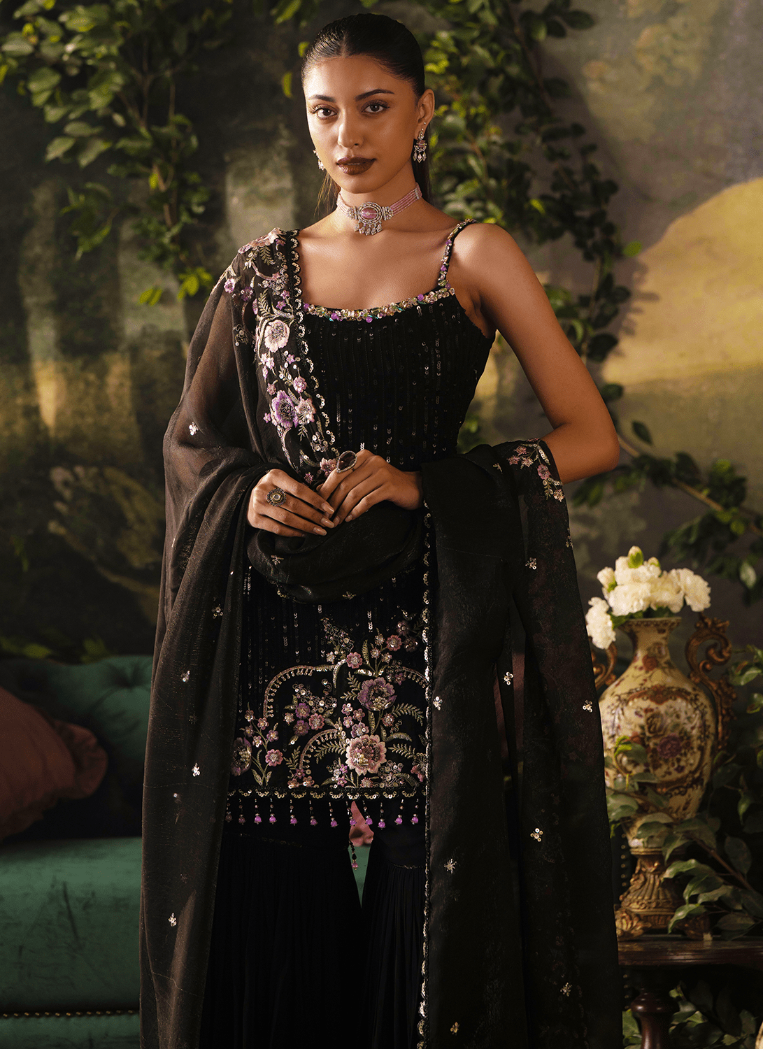 Black Embroidered Viscose Georgette Sharara - Lashkaraa