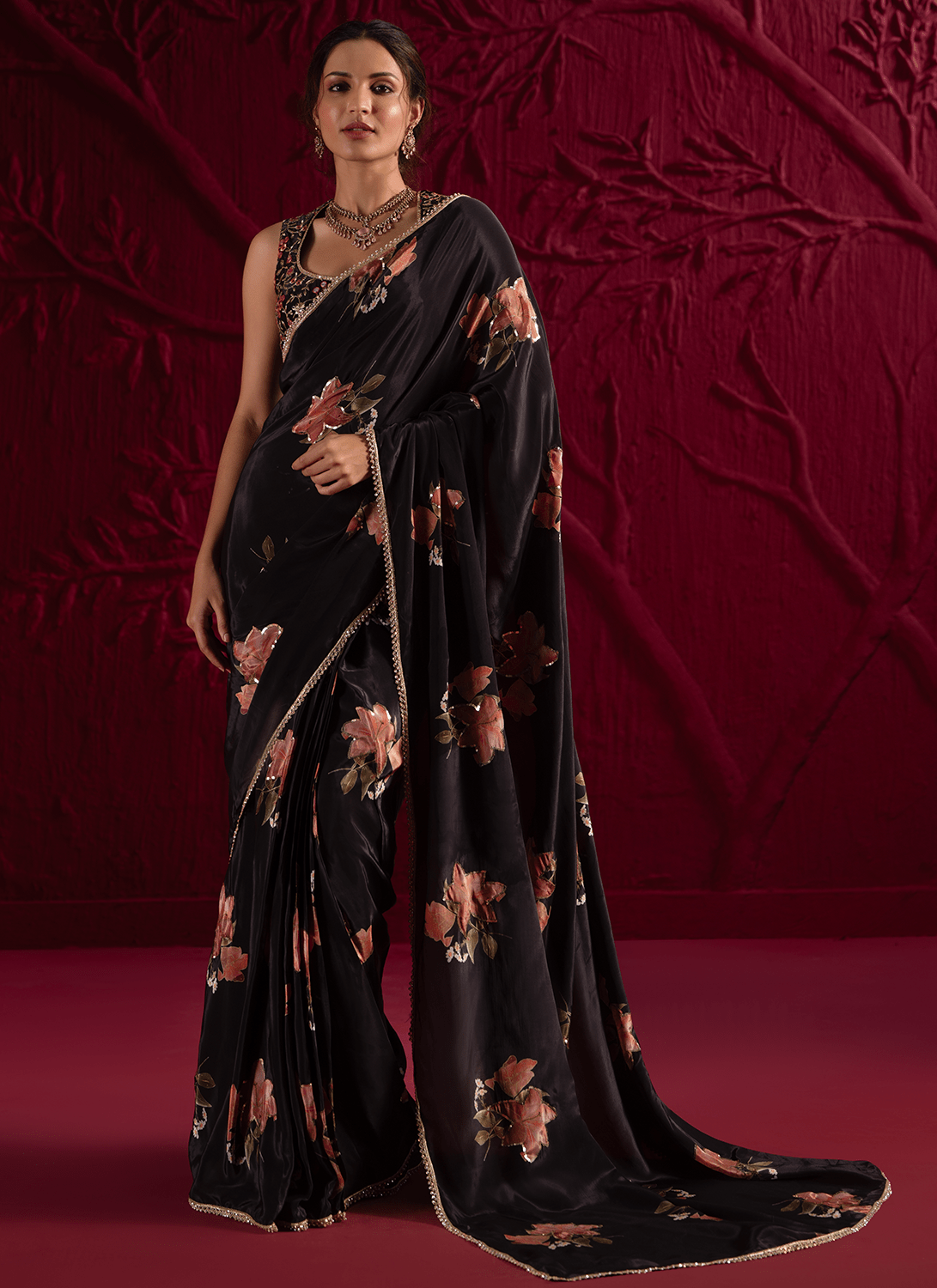 Black Floral Embroidered Crepe Silk Saree - Lashkaraa