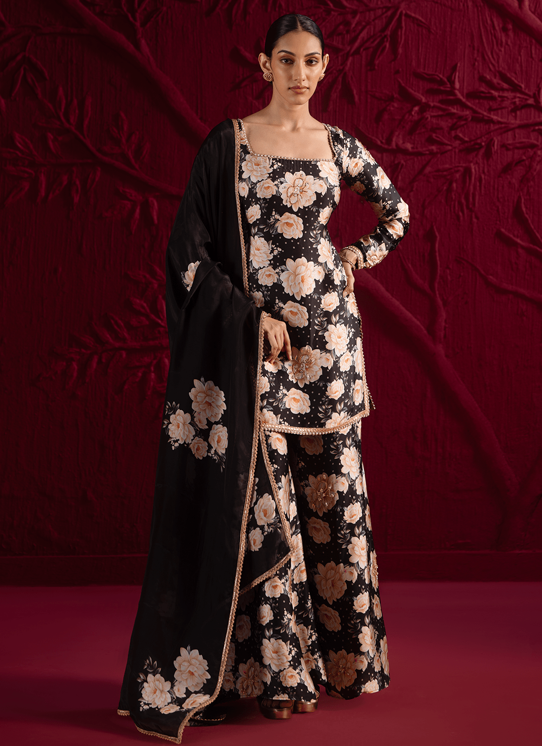 Black Floral Embroidered Satin Georgette Sharara Suit - Lashkaraa