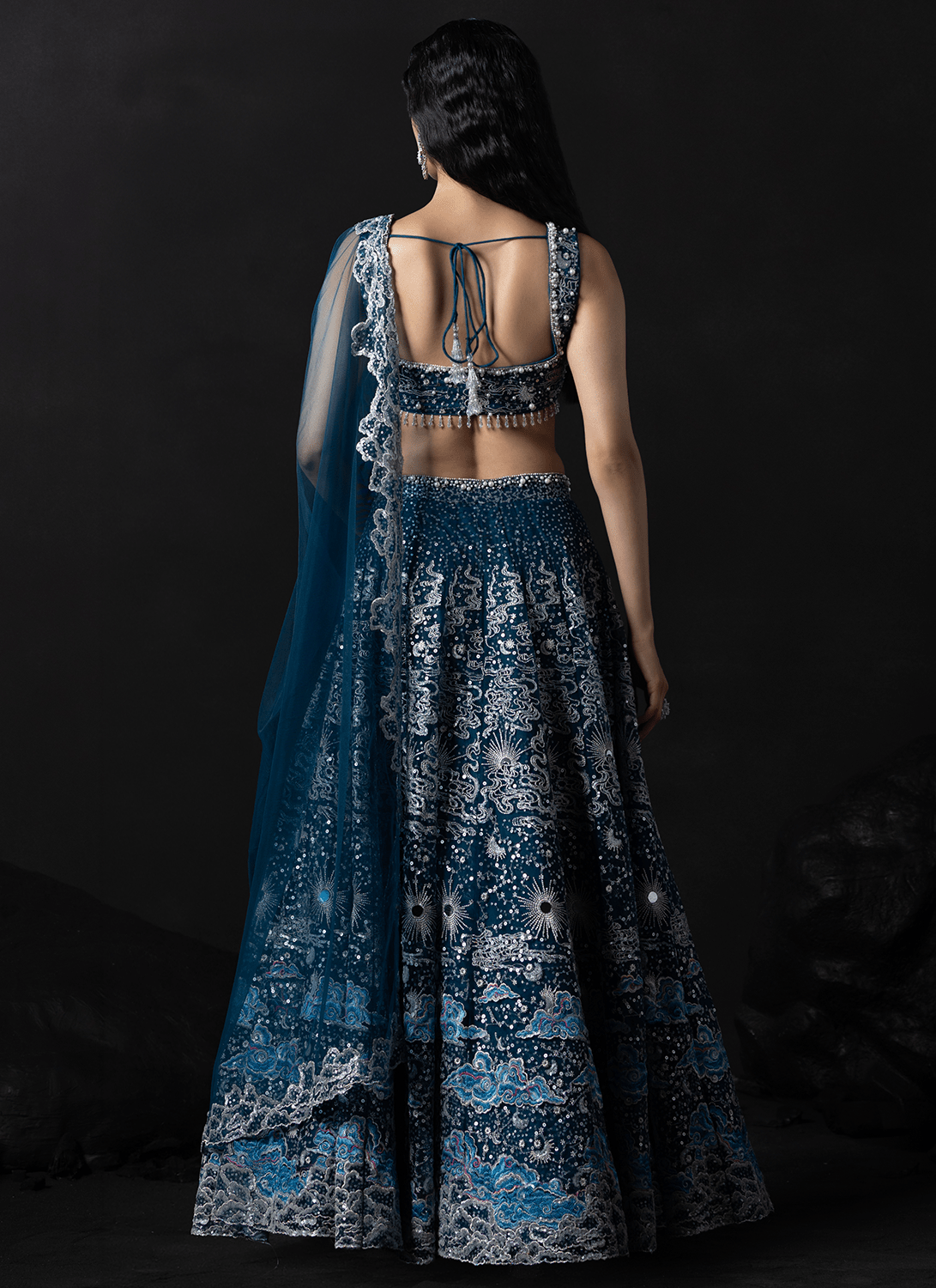 Blue Embroidered Net Lehenga - Lashkaraa