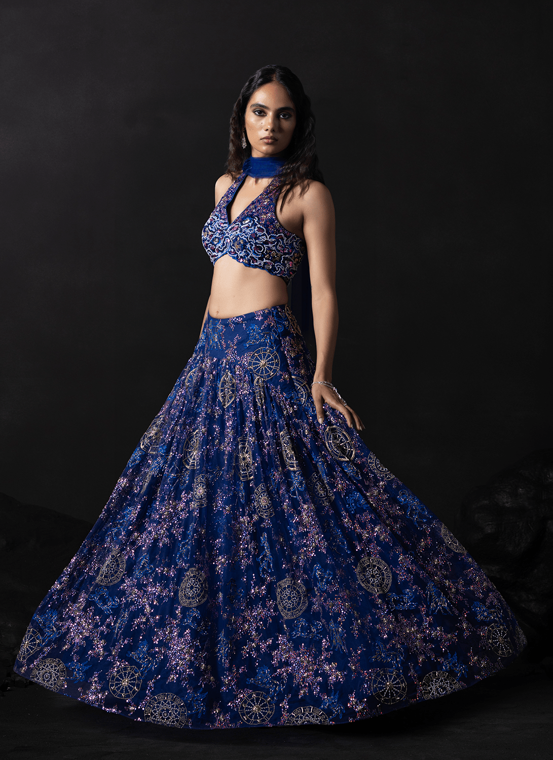 Blue Embroidered Net Lehenga - Lashkaraa