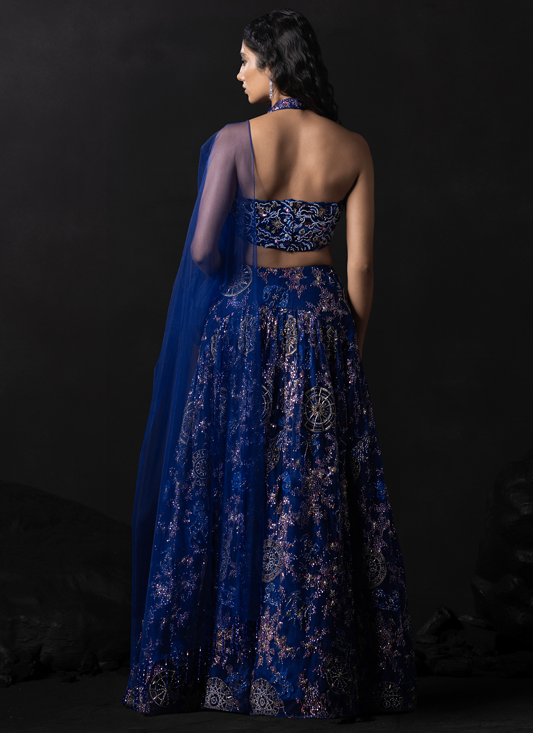 Blue Embroidered Net Lehenga - Lashkaraa