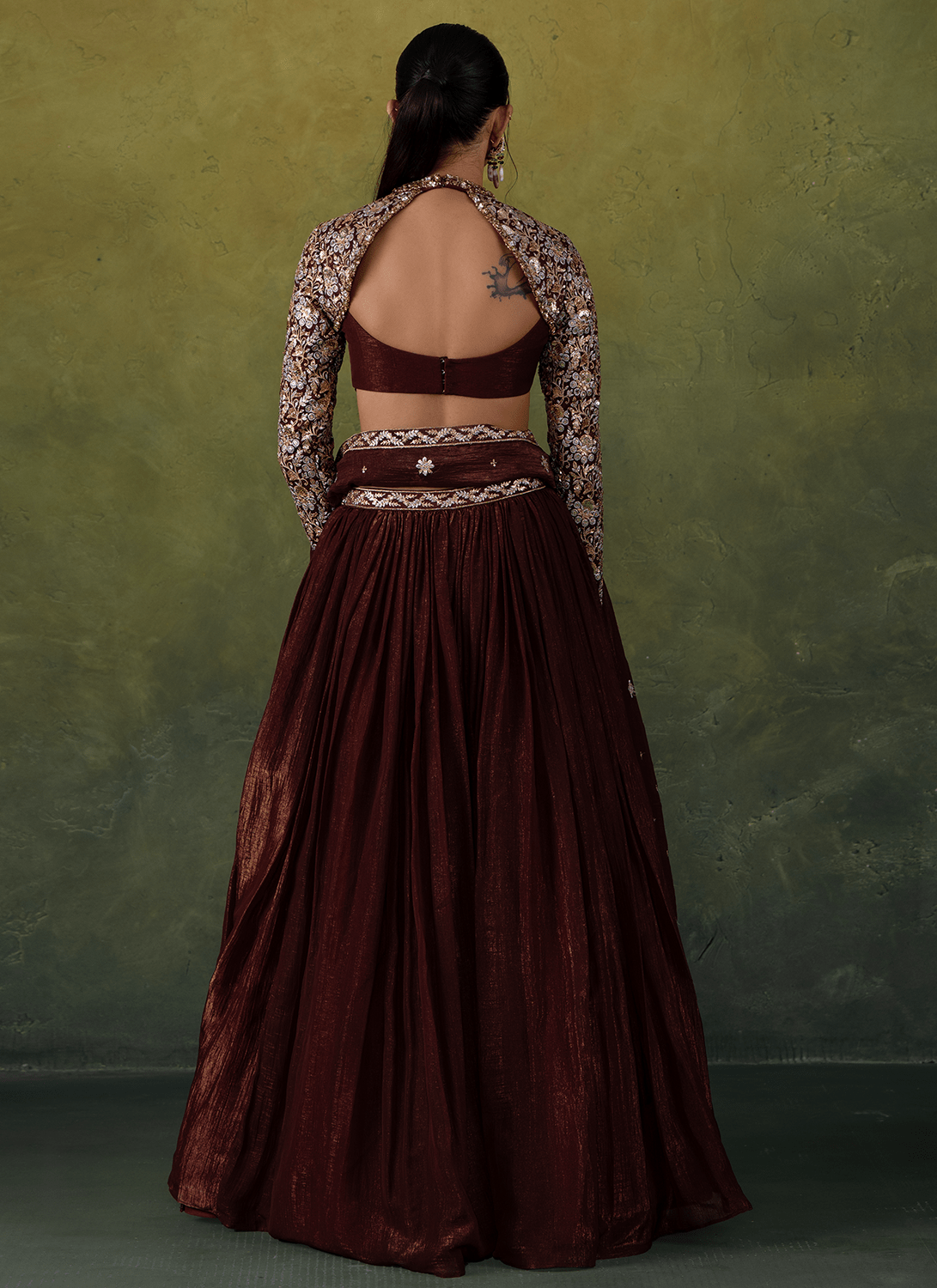 Brown Embroidered Organza Lehenga - Lashkaraa
