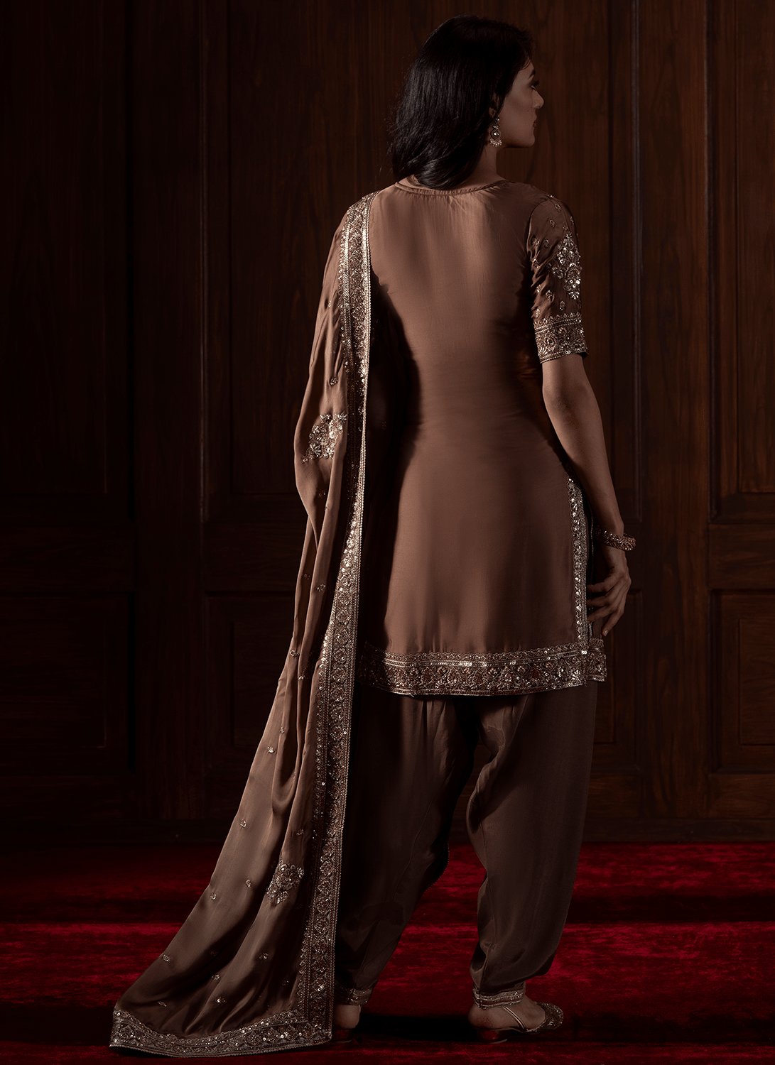 Brown Embroidered Viscose Organza Satin Punjabi Suit - Lashkaraa