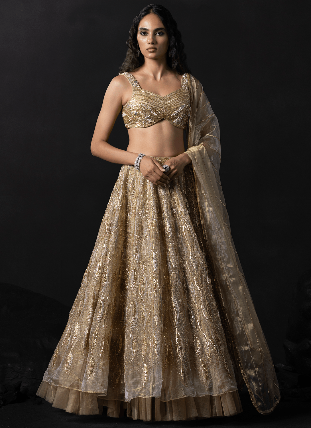 Champagne Gold Embroidered Tissue Lehenga - Lashkaraa