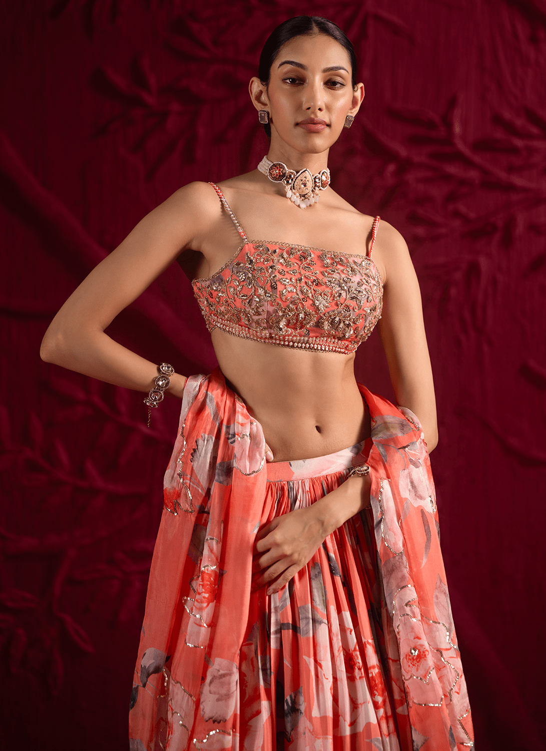 Coral Floral Embroidered Viscose Satin Georgette Lehenga - Lashkaraa