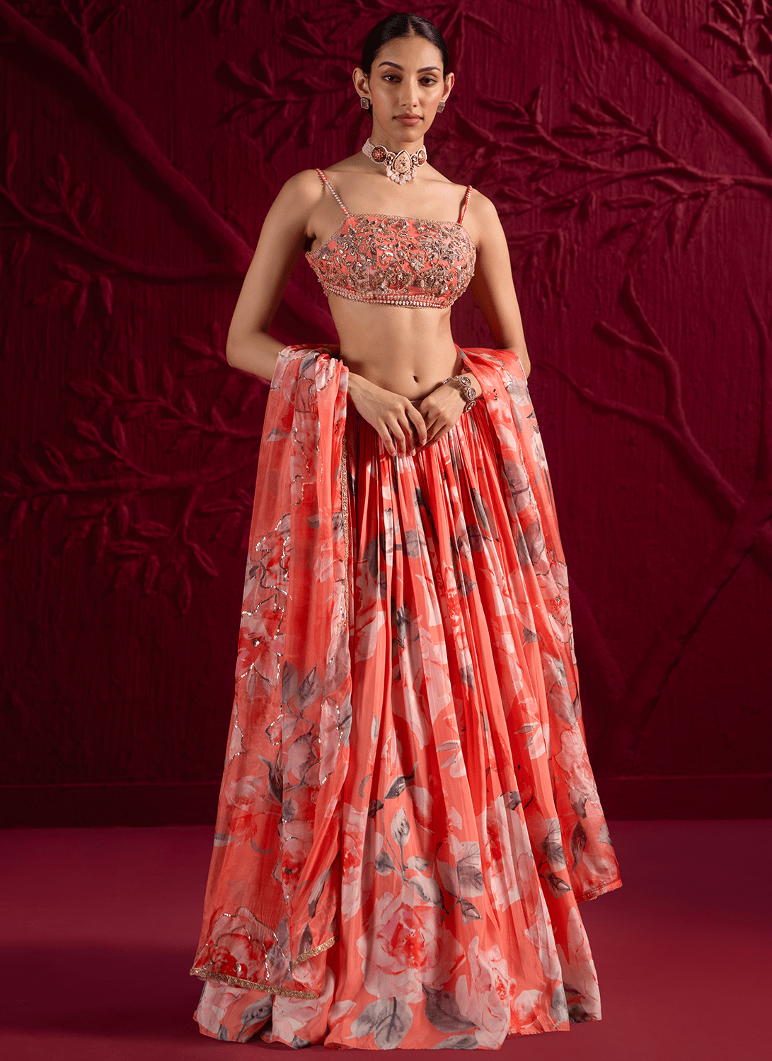 Coral Floral Embroidered Viscose Satin Georgette Lehenga - Lashkaraa