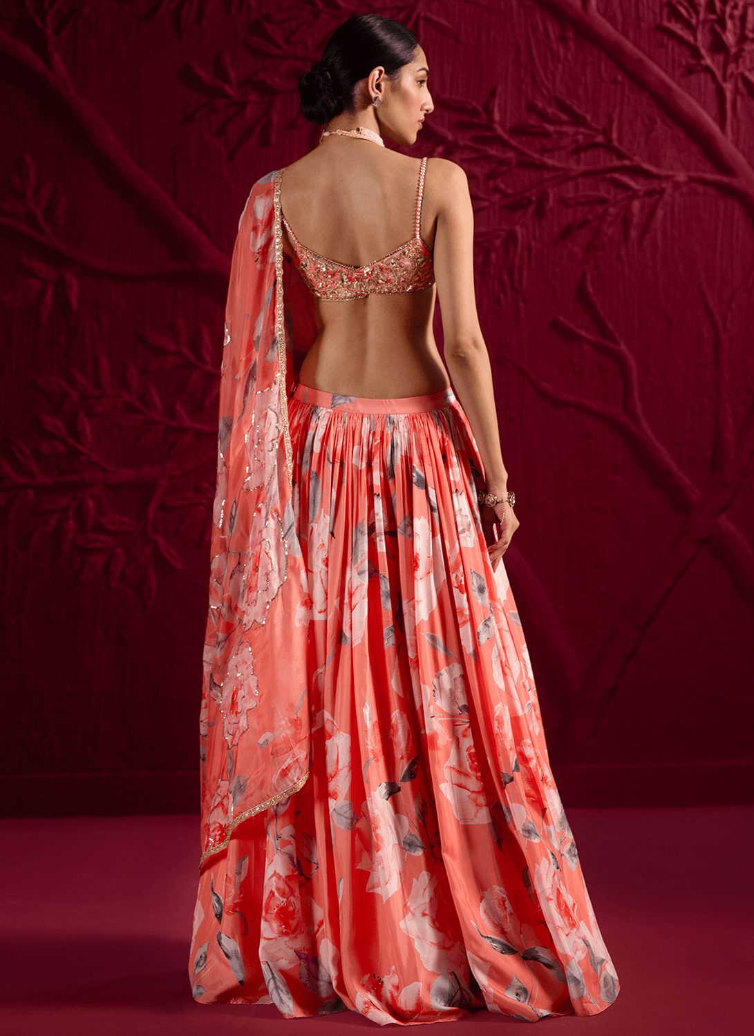 Coral Floral Embroidered Viscose Satin Georgette Lehenga - Lashkaraa