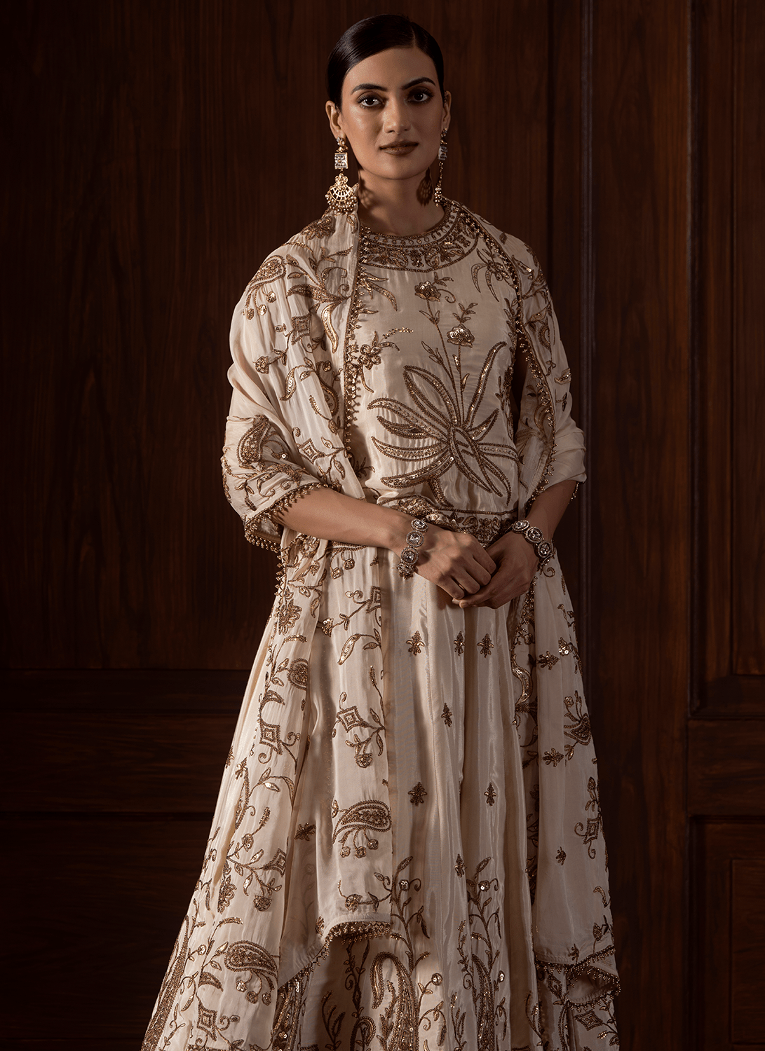 Cream Embroidered Viscose Silk Lehenga - Lashkaraa