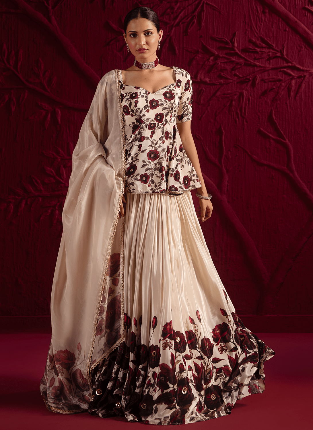 Cream Floral Embroidered Kurti Style Lehenga - Lashkaraa