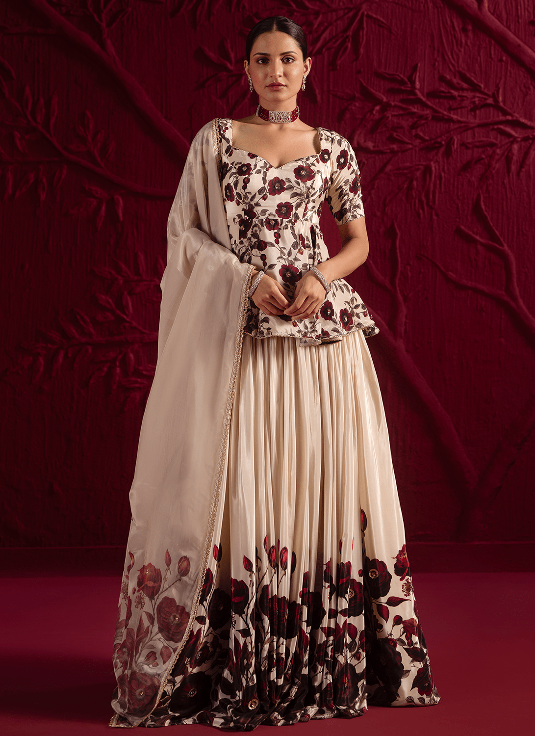 Cream Floral Embroidered Kurti Style Lehenga - Lashkaraa