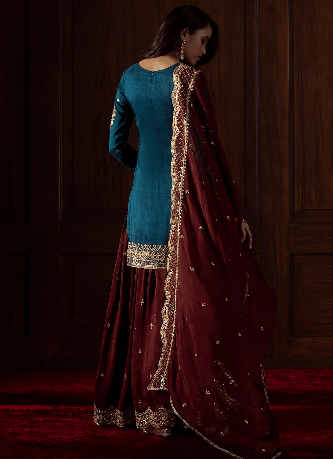 Dark Teal and Plum Embroidered Silk Sharara - Lashkaraa