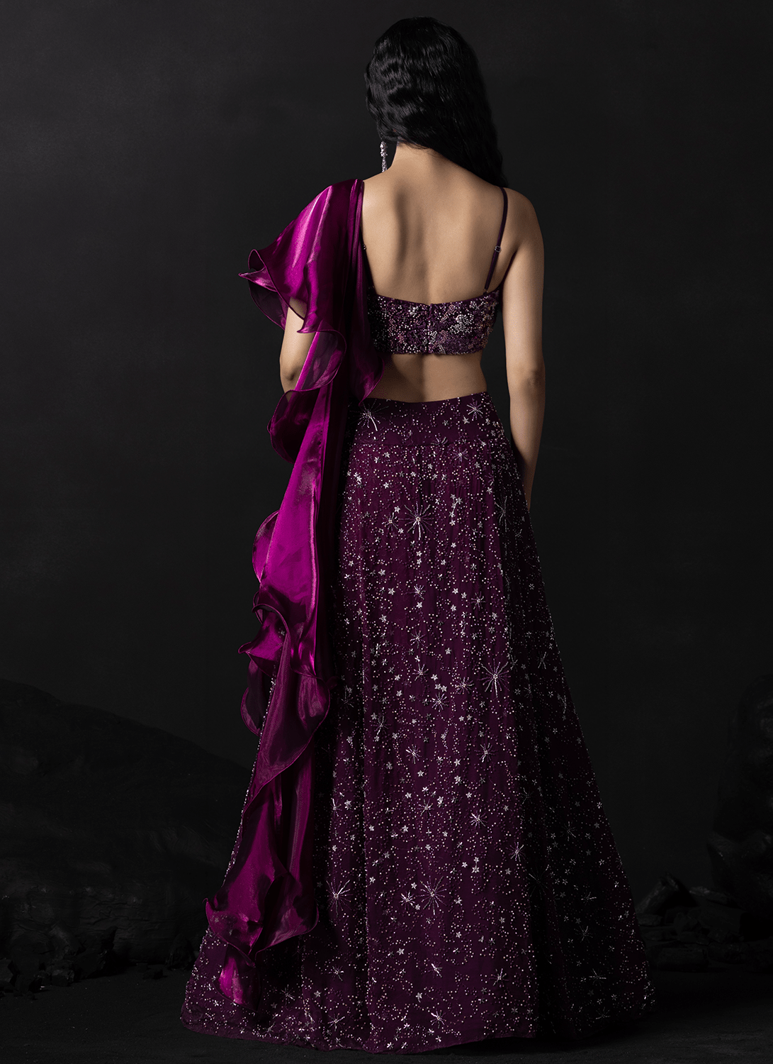 Deep Magenta Embroidered Organza Lehenga - Lashkaraa