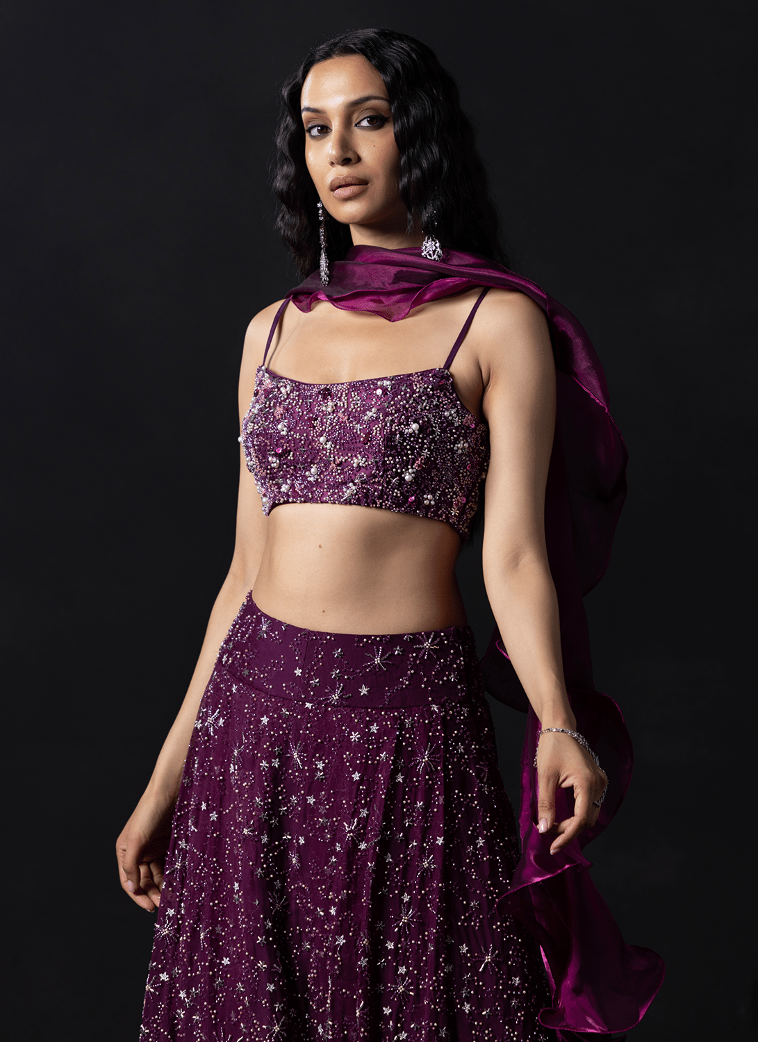 Deep Magenta Embroidered Organza Lehenga - Lashkaraa
