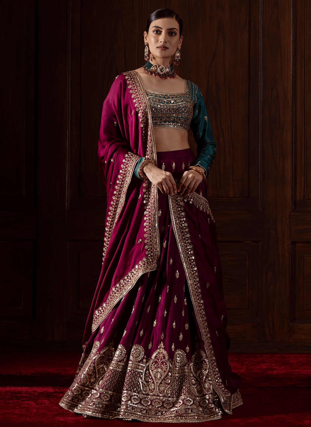 Deep Wine and Teal Embroidered Silk Lehenga - Lashkaraa