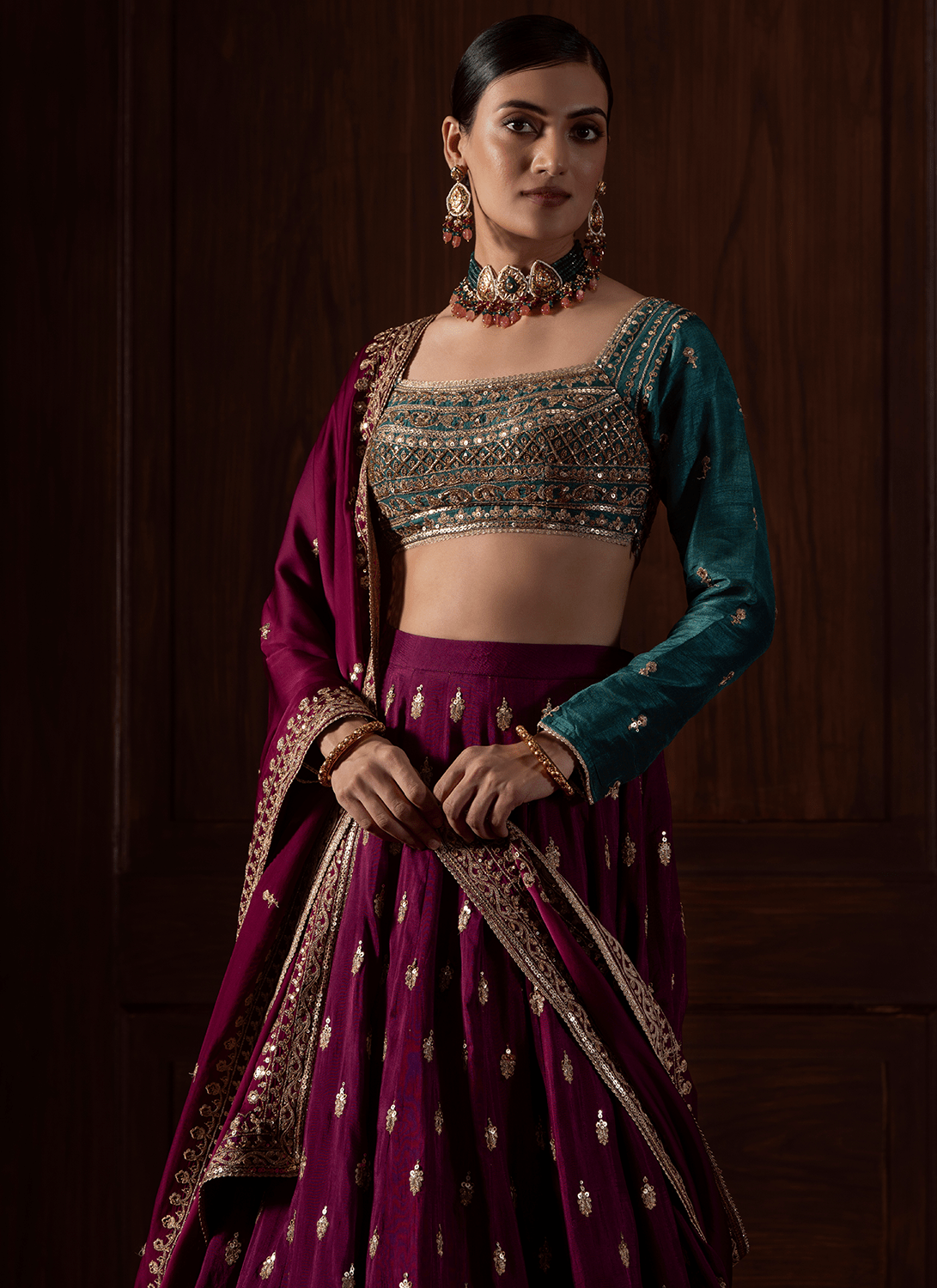 Deep Wine and Teal Embroidered Silk Lehenga - Lashkaraa