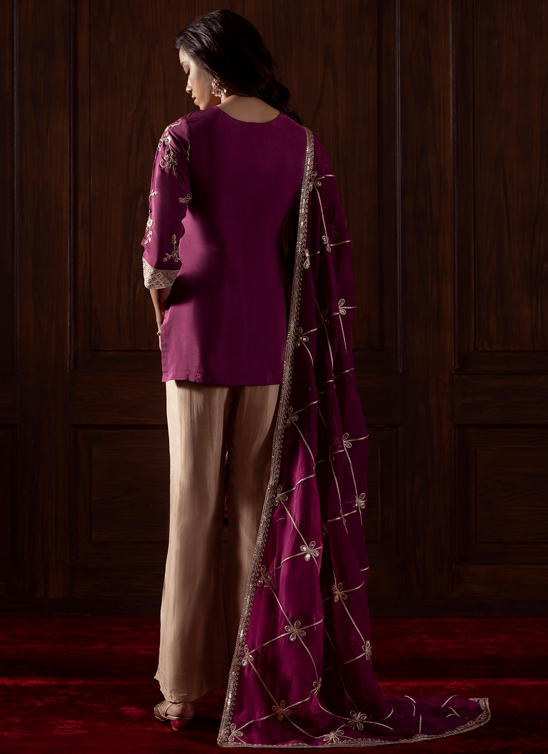 Deep Wine Embroidered Viscose Silk Pant Suit - Lashkaraa