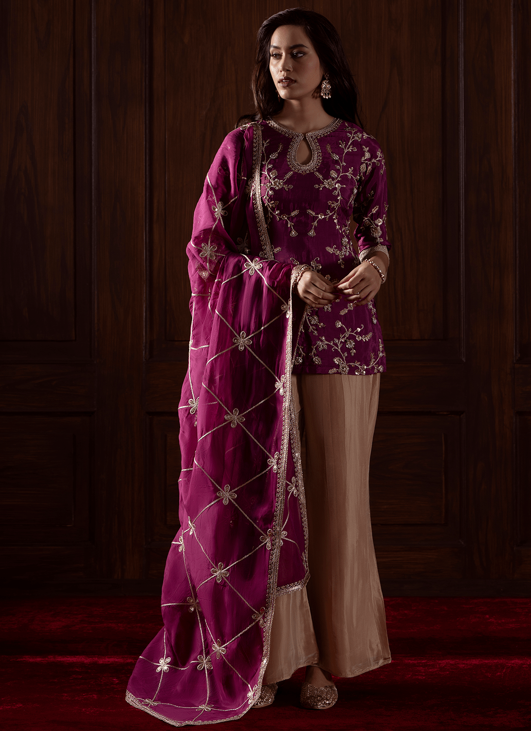 Deep Wine Embroidered Viscose Silk Pant Suit - Lashkaraa