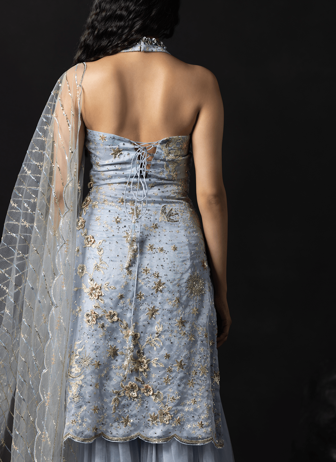 Dusty Blue Embroidered Organza Sharara - Lashkaraa