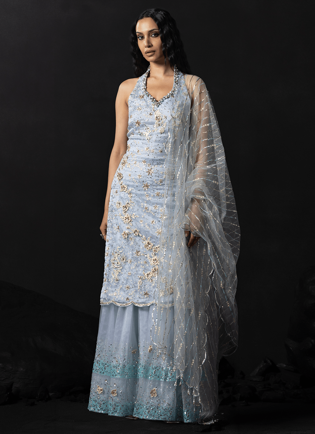 Dusty Blue Embroidered Organza Sharara - Lashkaraa