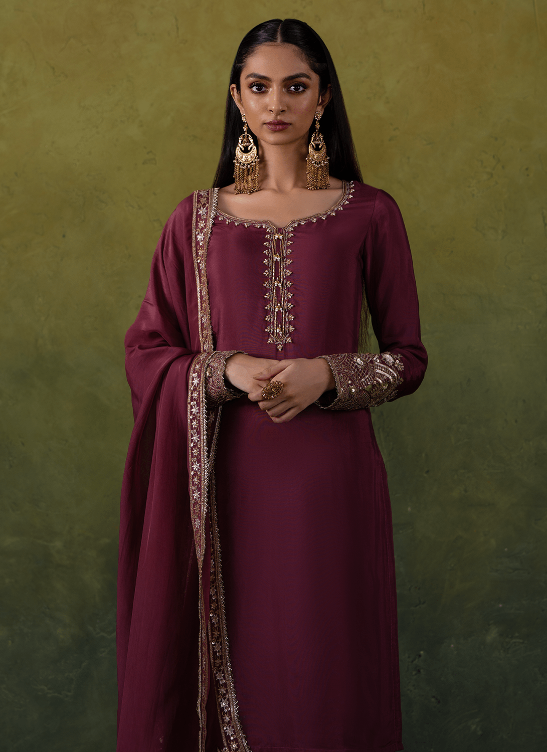 Dusty Burgundy Embroidered Straight Suit - Lashkaraa
