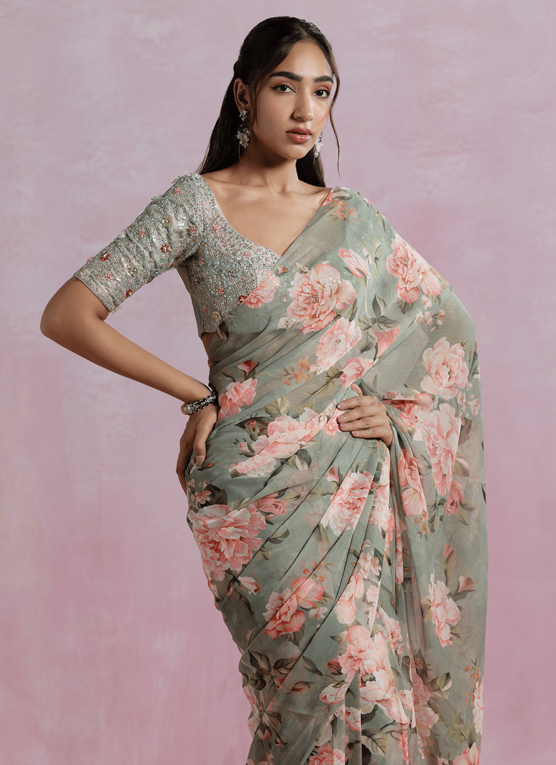 Dusty Green Floral Printed Chiffon Saree - Lashkaraa