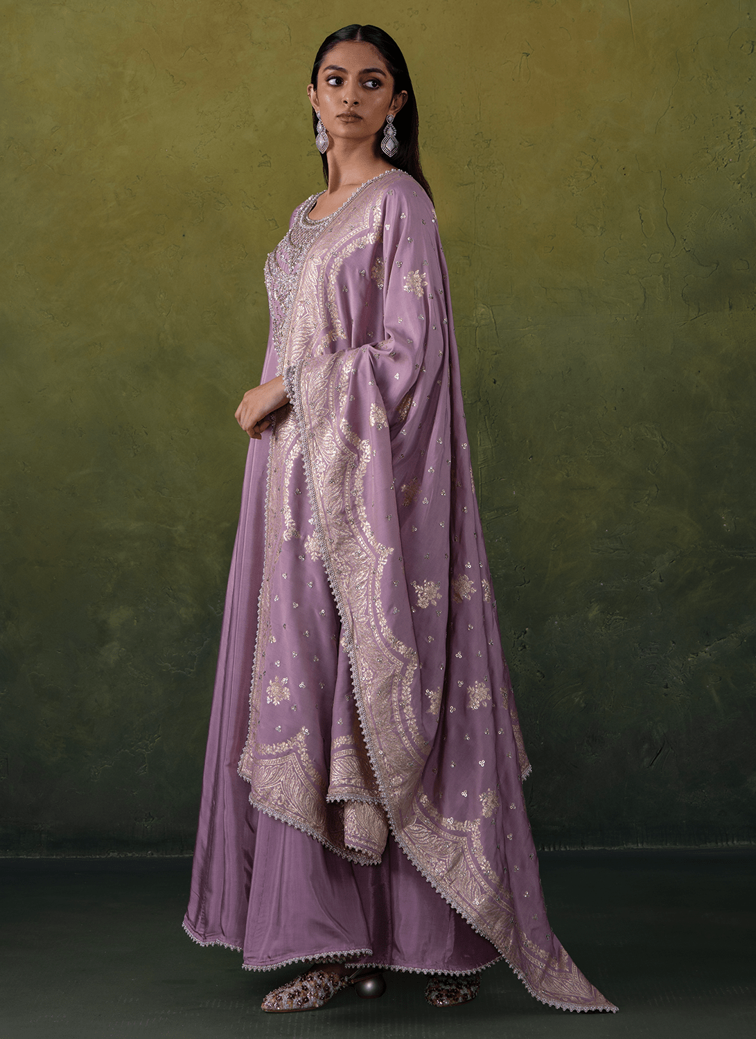 Dusty Lilac Embroidered Viscose Silk Anarkali - Lashkaraa
