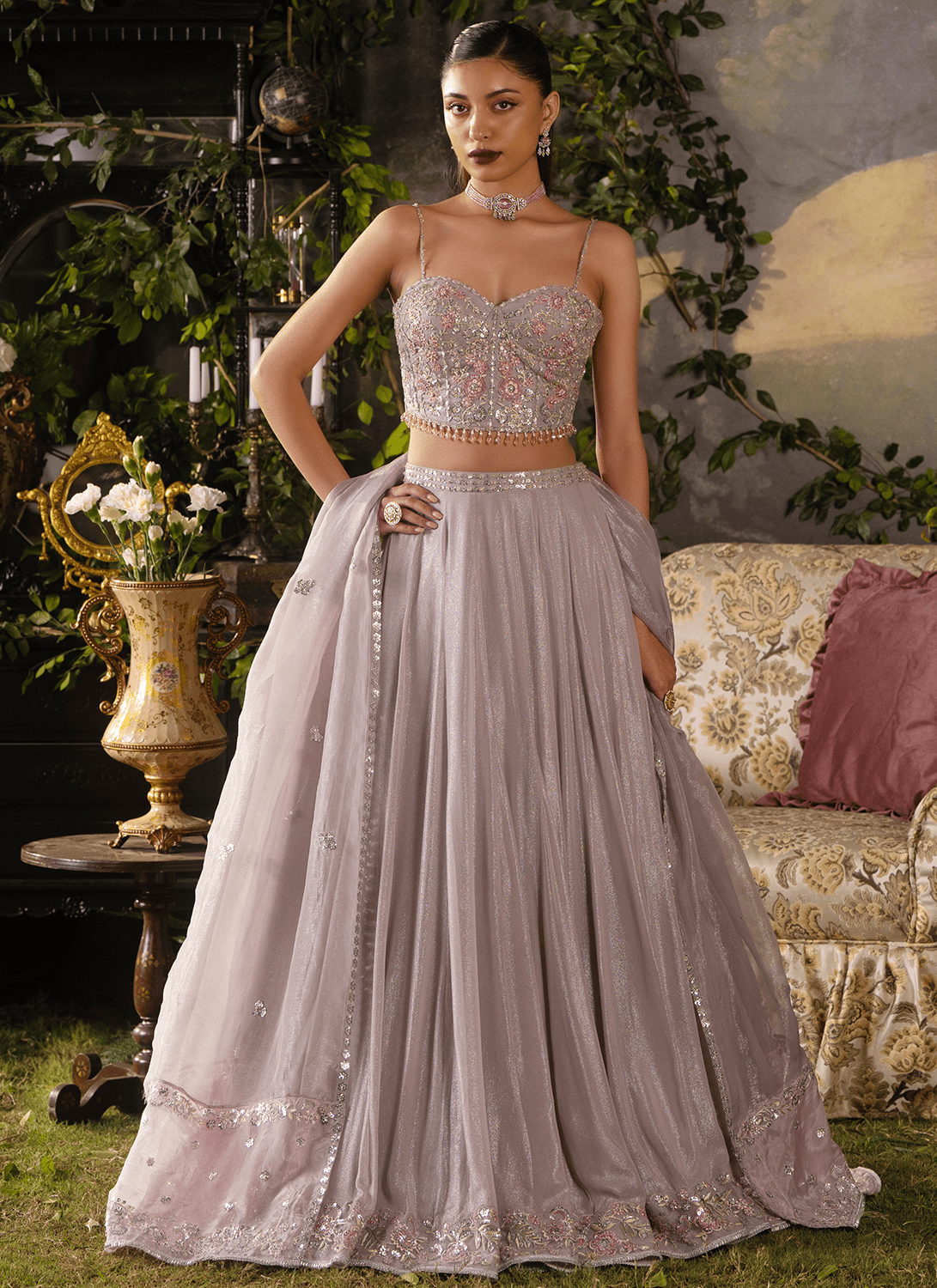 Dusty Mauve Embroidered Georgette Corset Style Lehenga - Lashkaraa