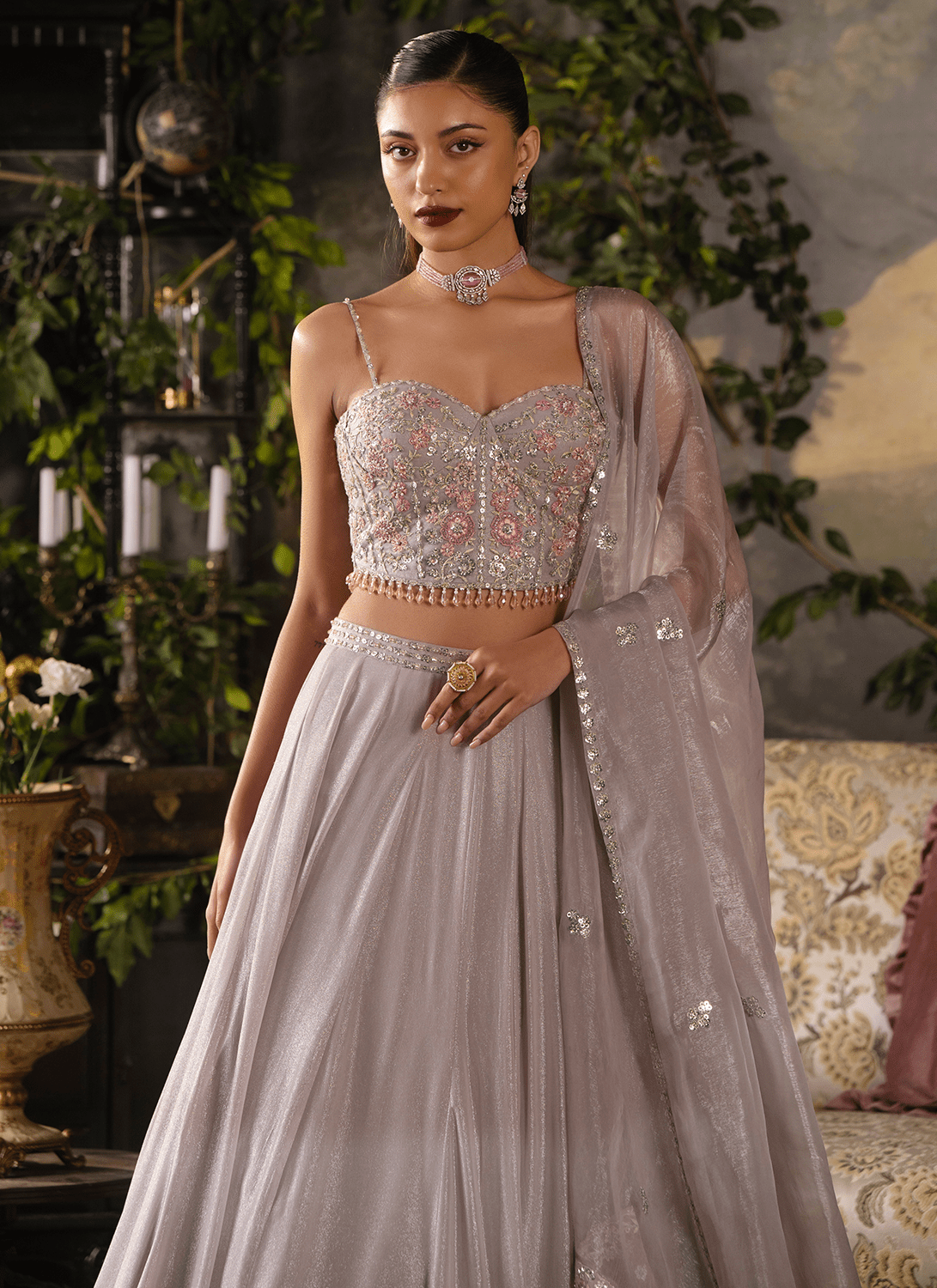 Dusty Mauve Embroidered Georgette Corset Style Lehenga - Lashkaraa