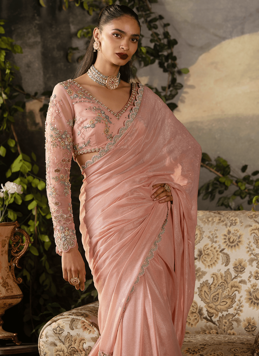 Dusty Peach Embroidered Viscose Georgette Saree - Lashkaraa