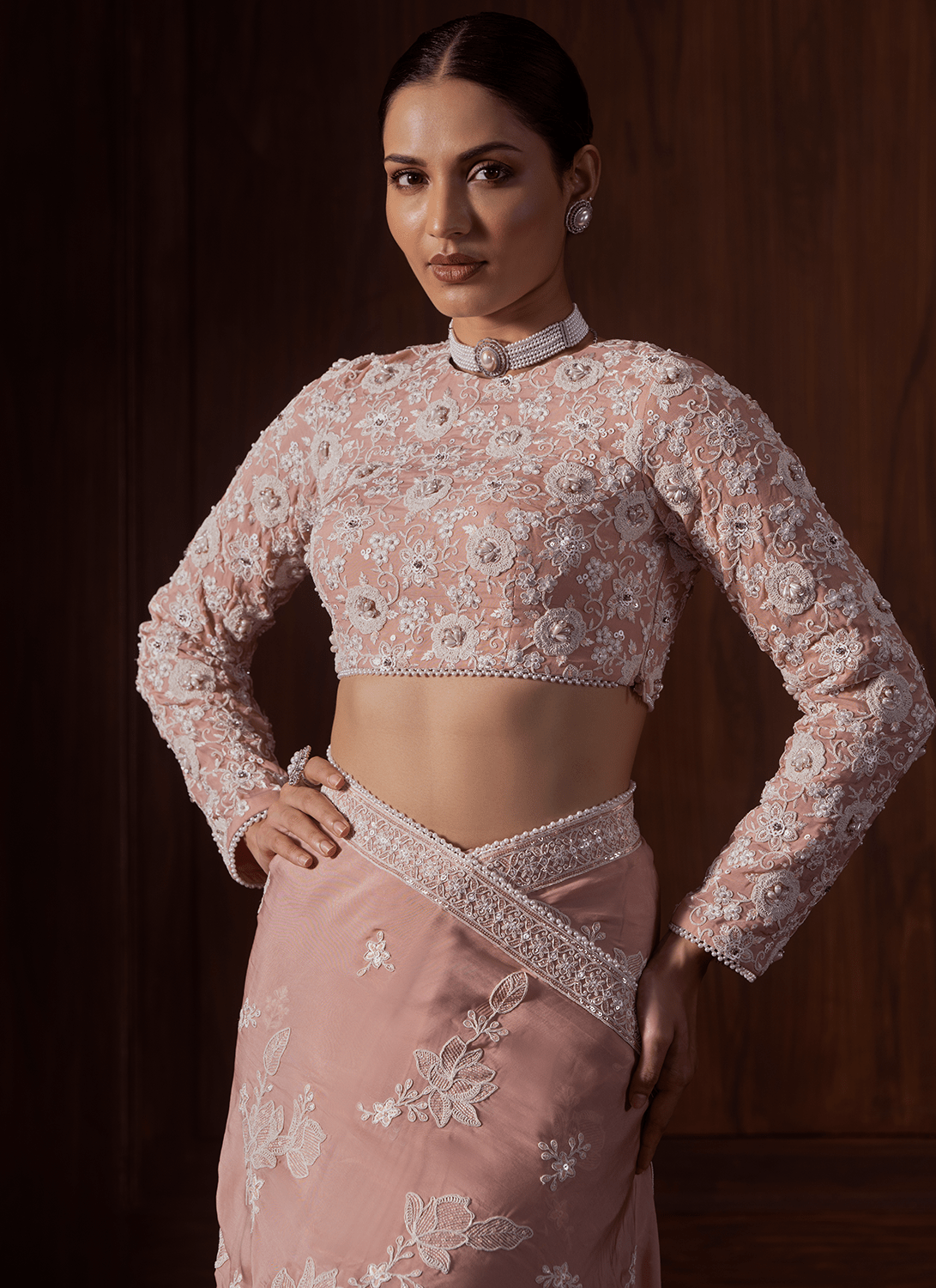Dusty Peach Embroidered Viscose Organza Saree - Lashkaraa