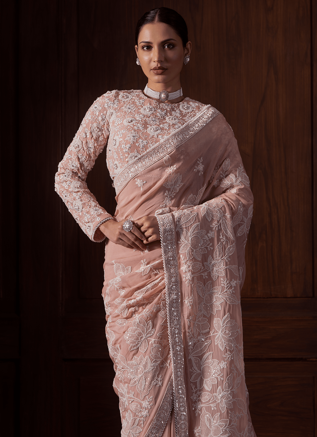 Dusty Peach Embroidered Viscose Organza Saree - Lashkaraa