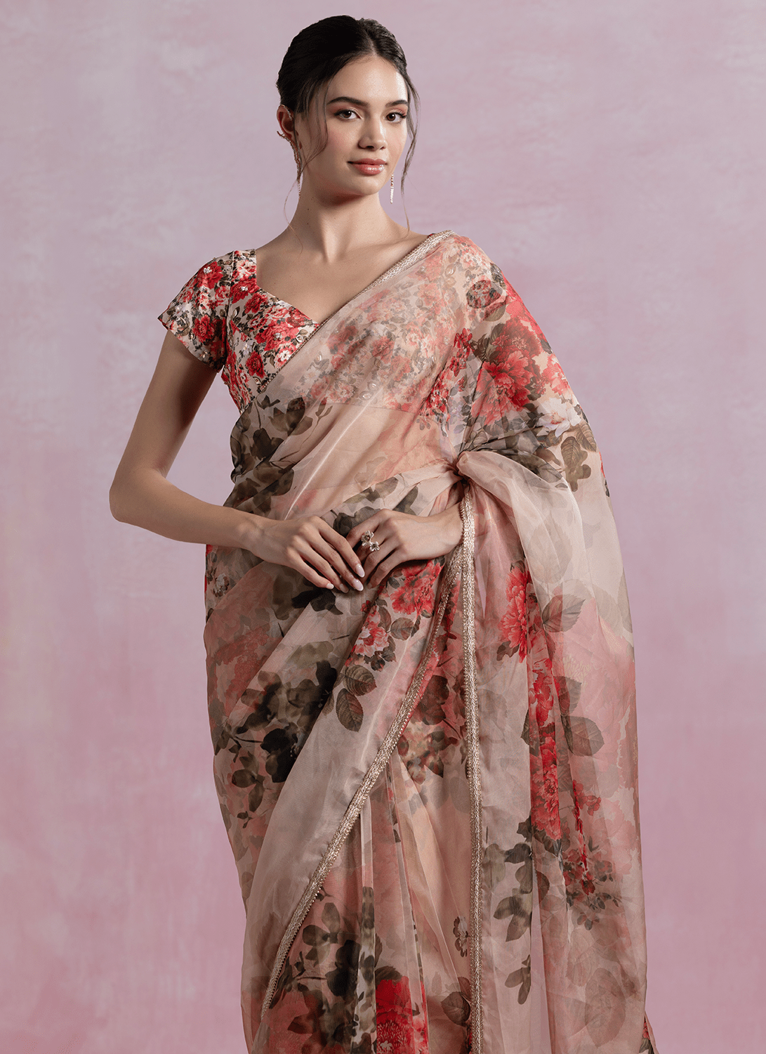 Dusty Peach Floral Printed Organza Saree - Lashkaraa
