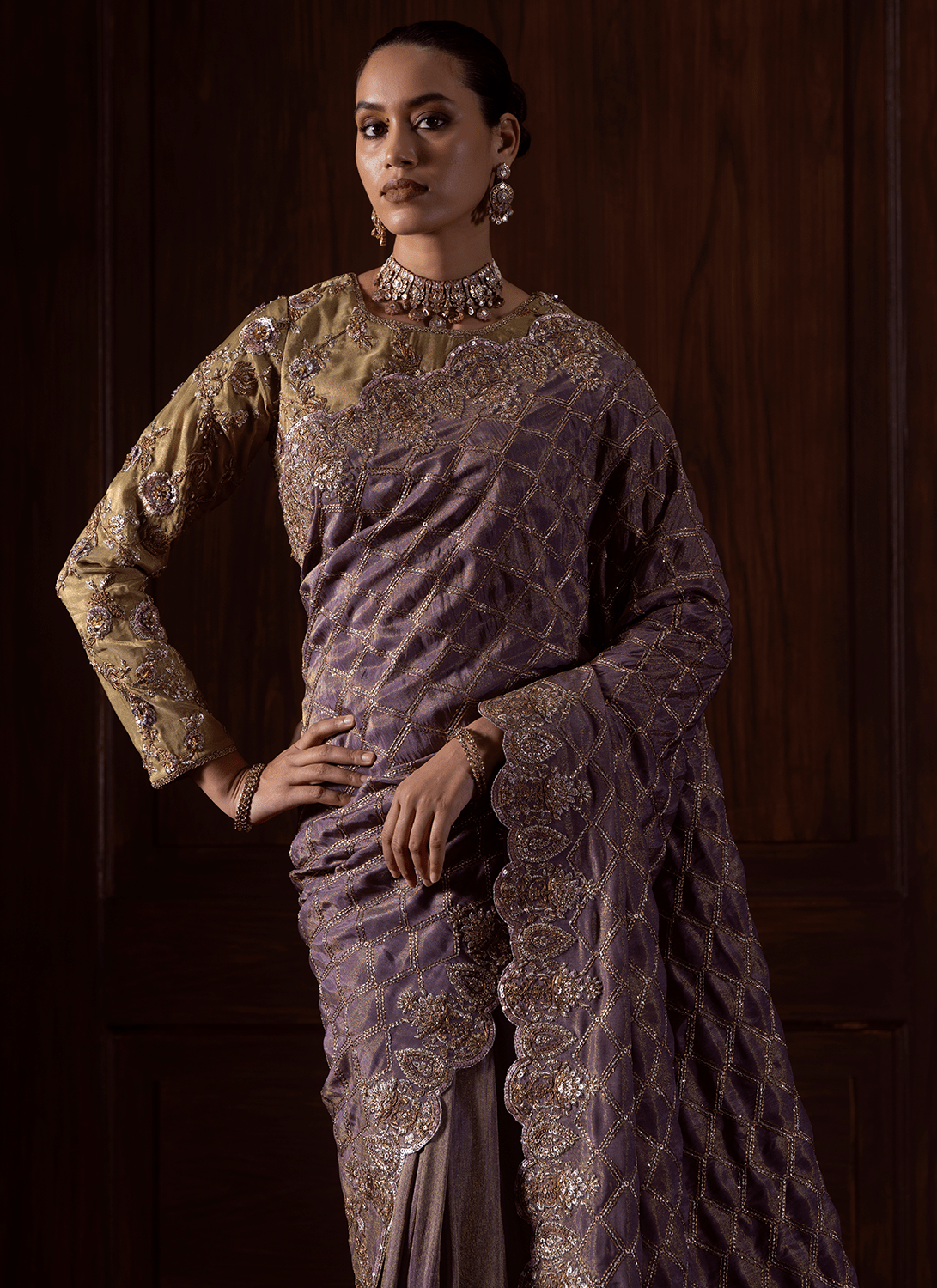 Dusty Purple Embroidered Tissue Organza Saree - Lashkaraa