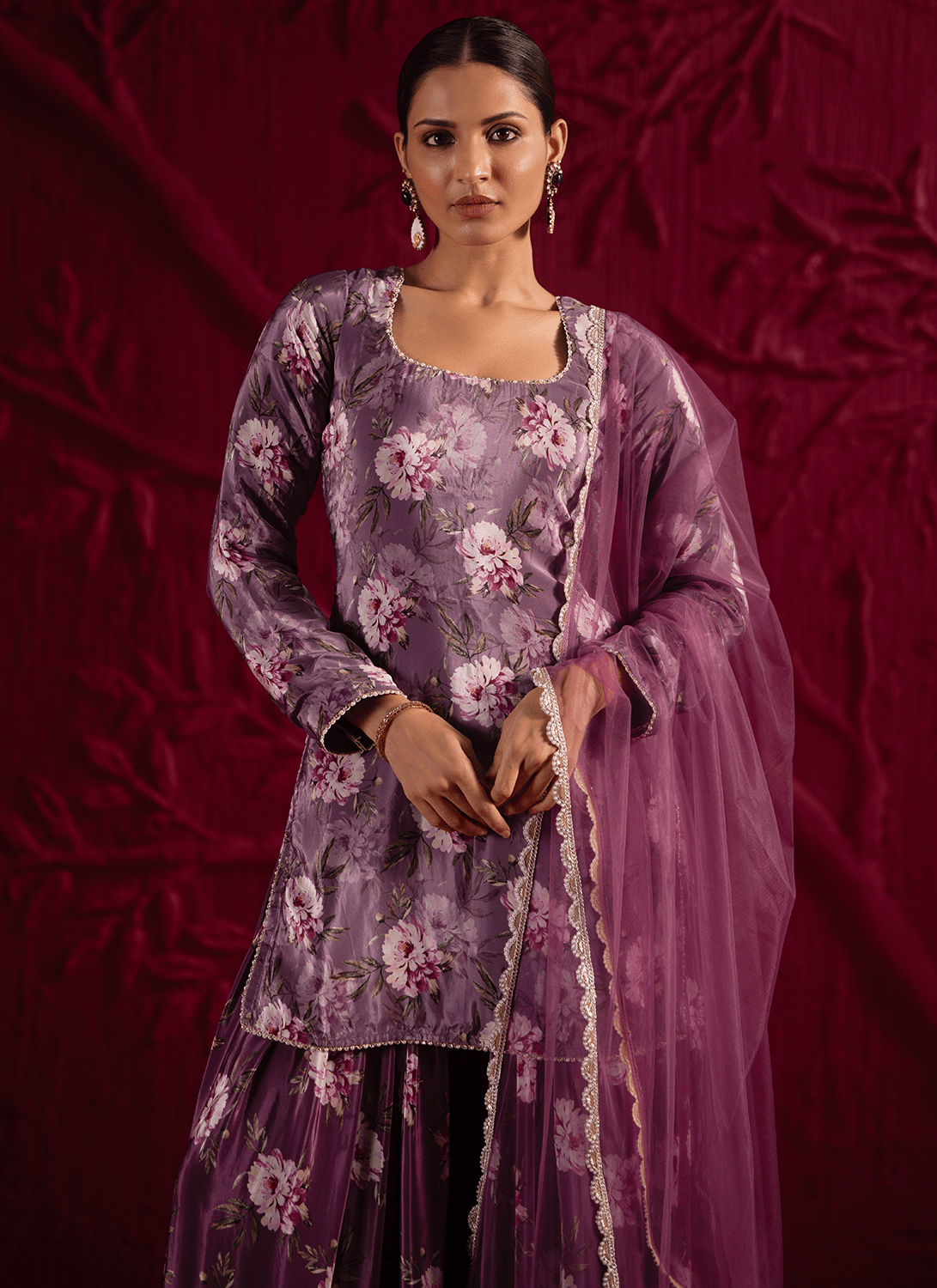 Dusty Purple Floral Embroidered Sharara Suit - Lashkaraa