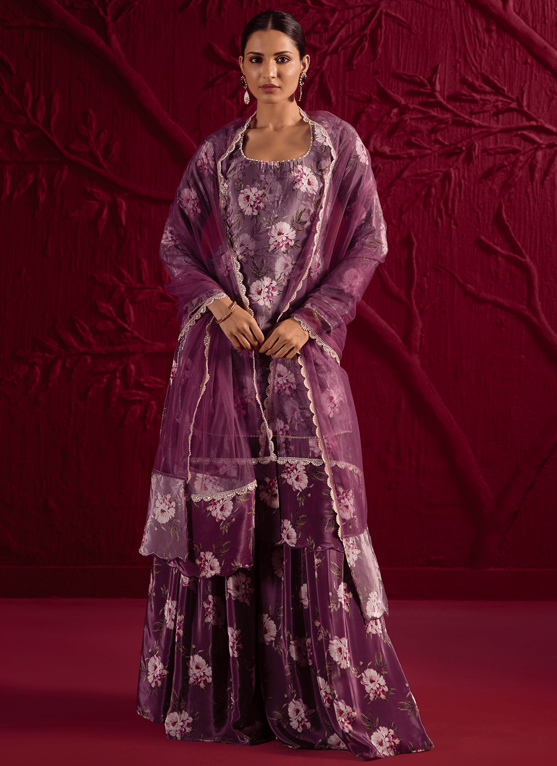 Dusty Purple Floral Embroidered Sharara Suit - Lashkaraa