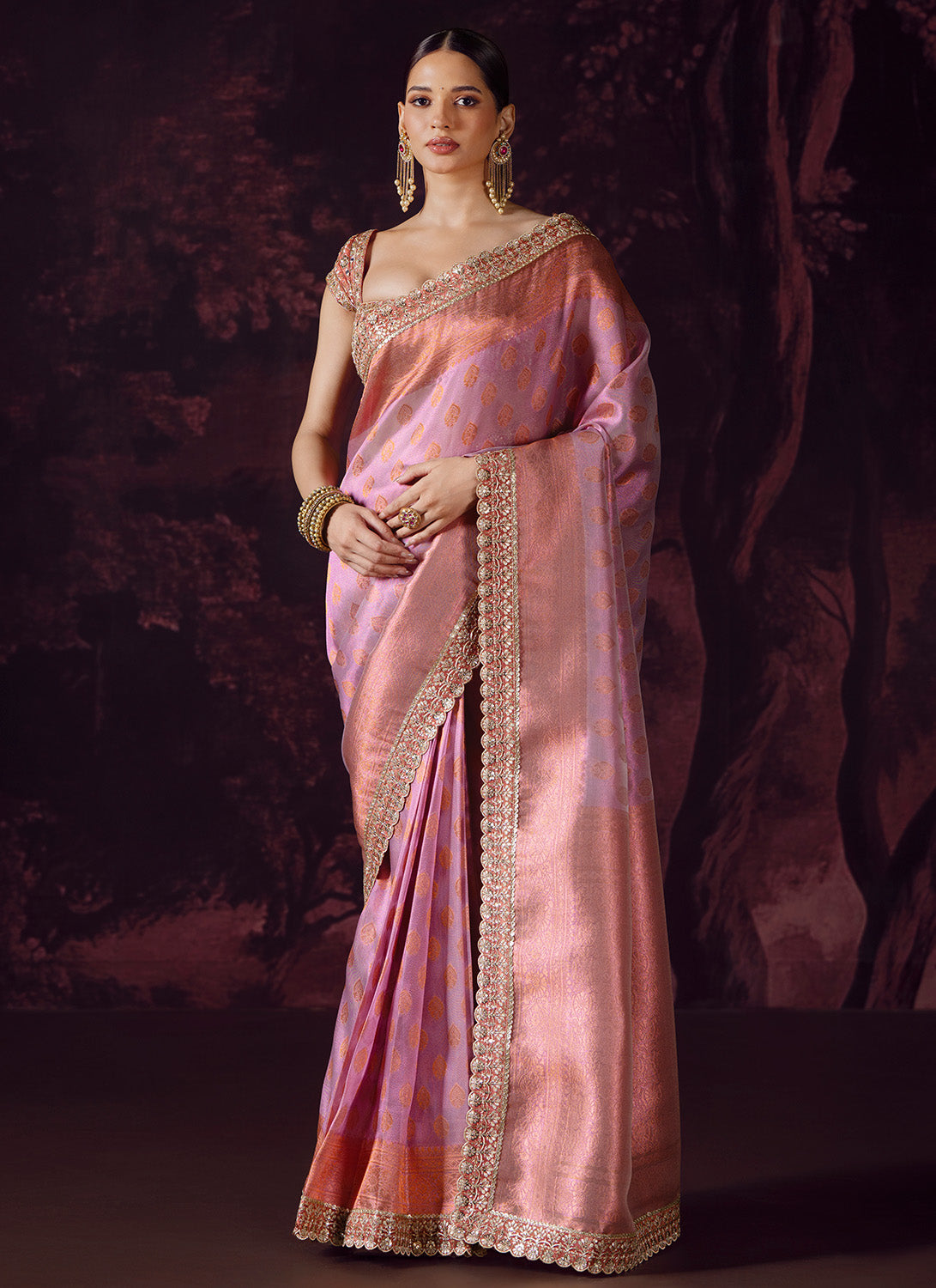 Pink Ombre Embroidered Tissue Saree