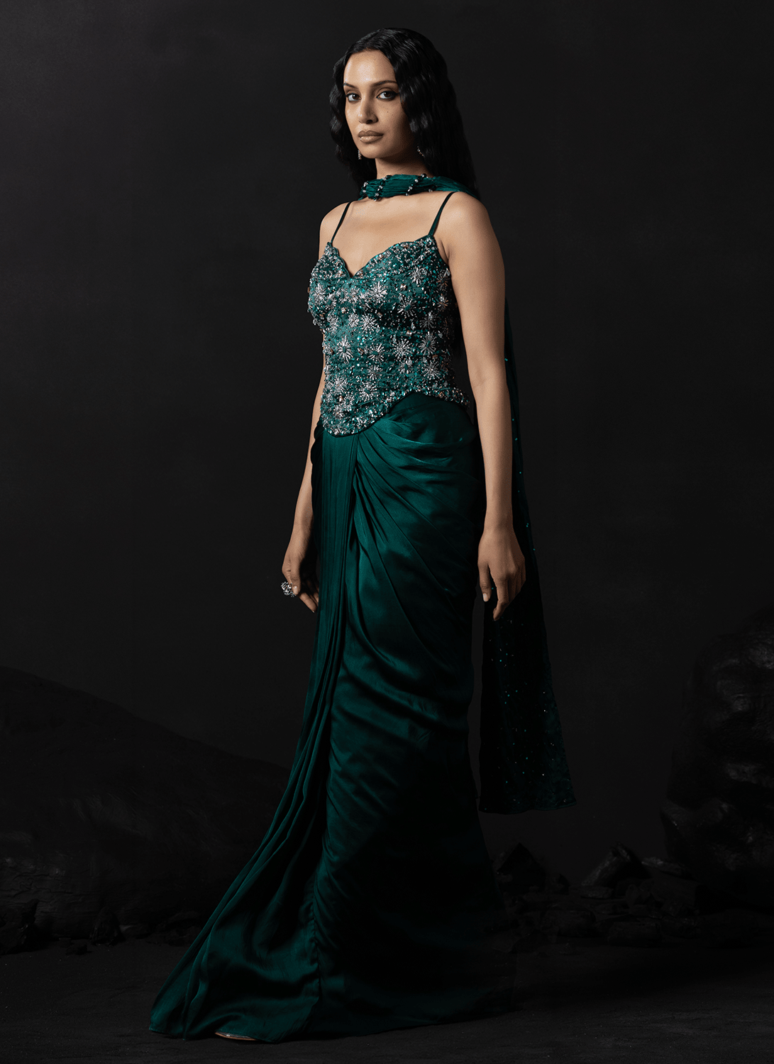 Emerald Green Embroidered Satin Anarkali Gown - Lashkaraa