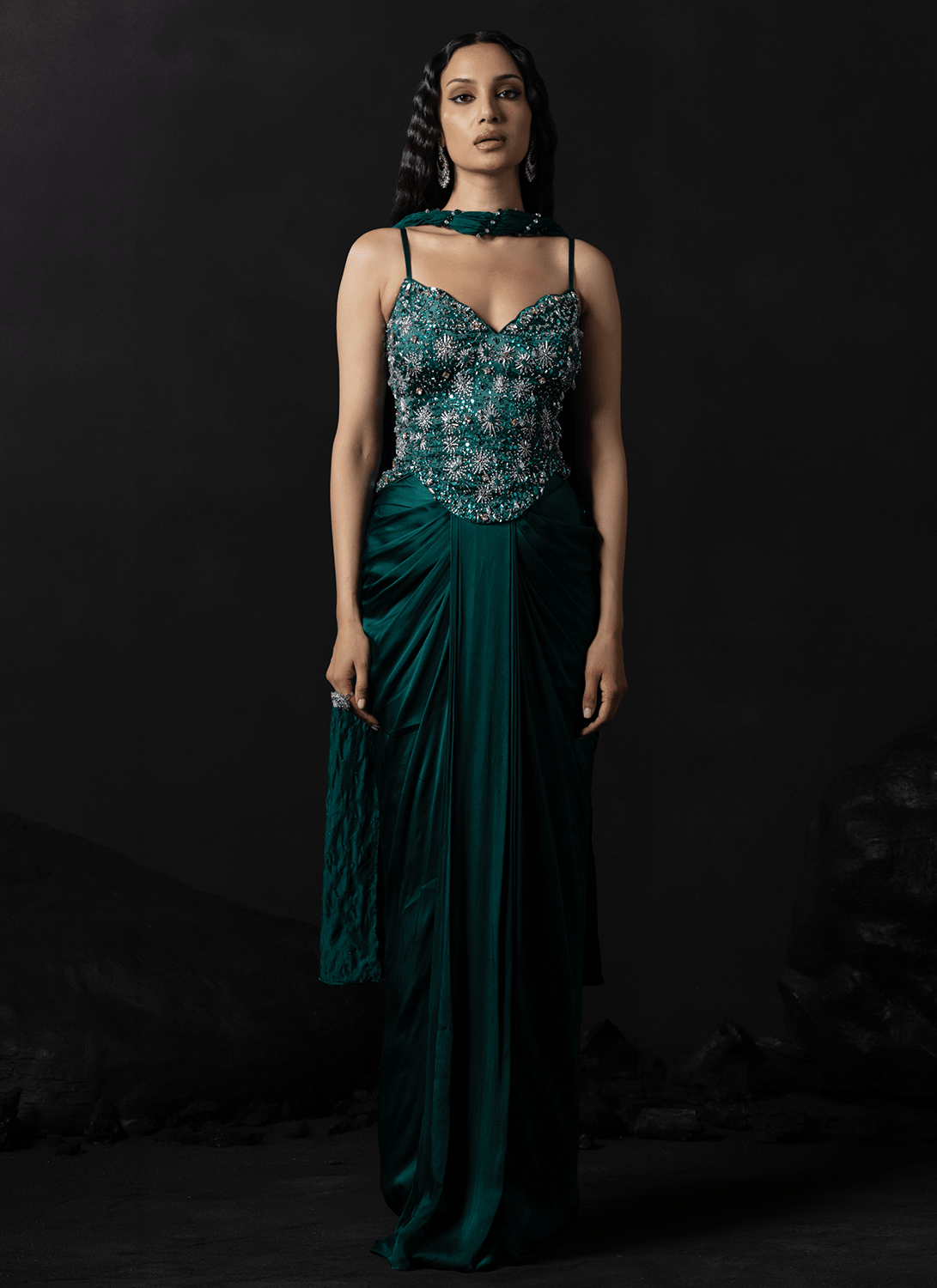Emerald Green Embroidered Satin Anarkali Gown - Lashkaraa