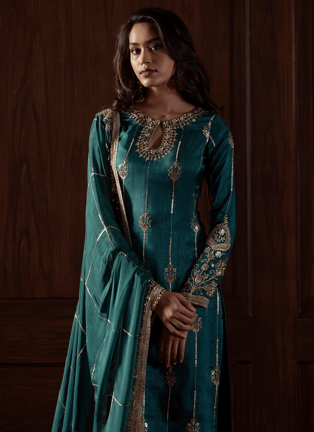 Emerald Green Embroidered Silk Straight Suit - Lashkaraa