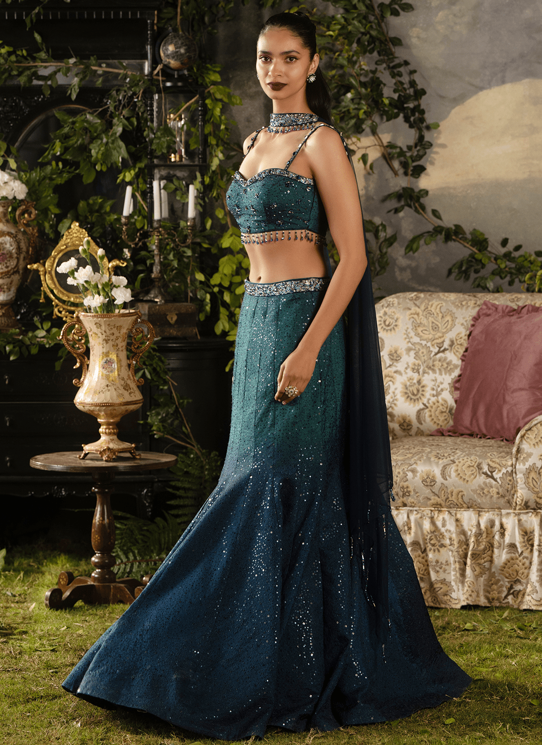Emerald Teal Embroidered Silk Lehenga - Lashkaraa